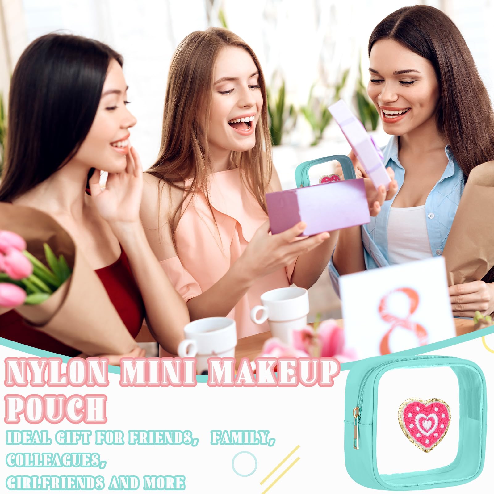 6-Piece Small Preppy Patch Makeup Bags Set - Mini Clear PVC Travel Toiletry Bag for Women, Waterproof Cosmetic Pouch with Cute Chenille Pattern & Zipper (4.9 x 4.7 x 2 Inch, Elegant) - Perfect for Travel, Gym, Beach & Daily Essentials Organization