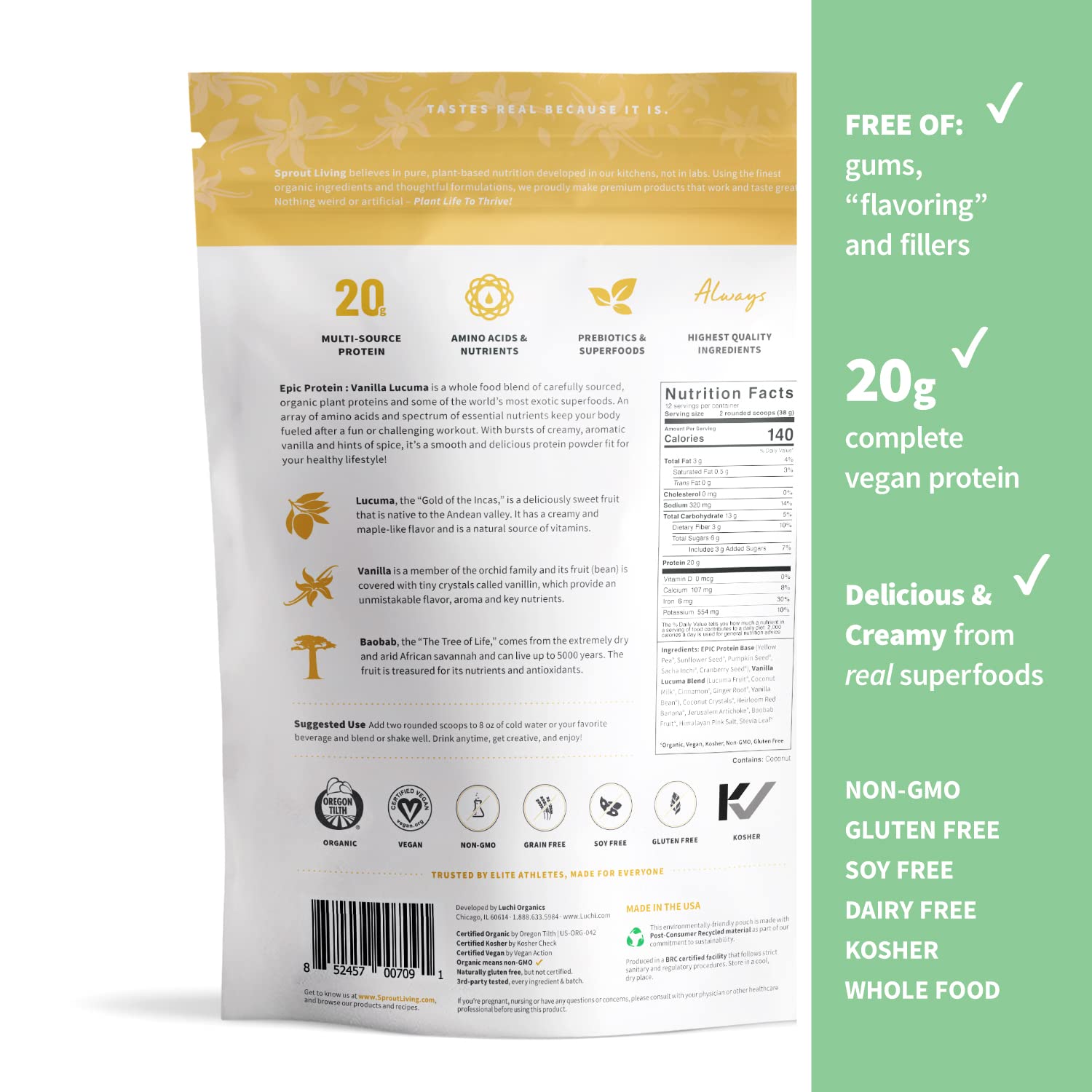 Sprout Living Epic Protein Bundle - Chocolate Maca & Vanilla Lucuma (20g Organic Plant-Based Vegan Protein Powder, Gluten Free, Superfoods) | 1lb, 12 Servings for Smoothies, Baking & Post-Workout Recovery
