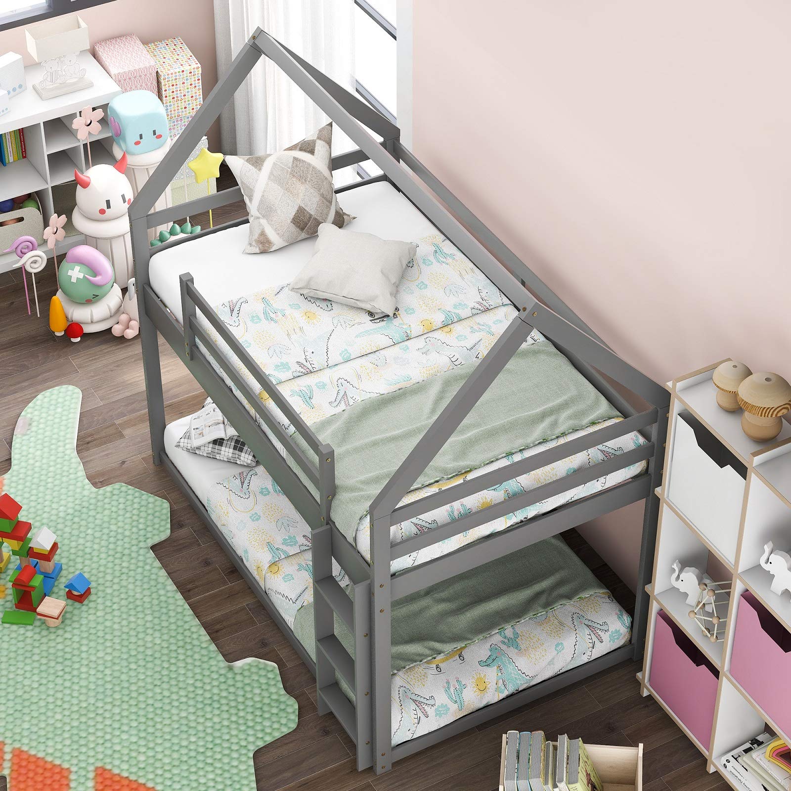 Rhomtree Twin Over Twin Low Bunk Bed with Roof - Wooden House Loft Bed Frame for Kids & Toddlers, No Box Spring Needed, Easy Assembly (Grey) | Perfect for Small Bedrooms, Shared Kids Rooms & Space-Saving Sleep Solutions