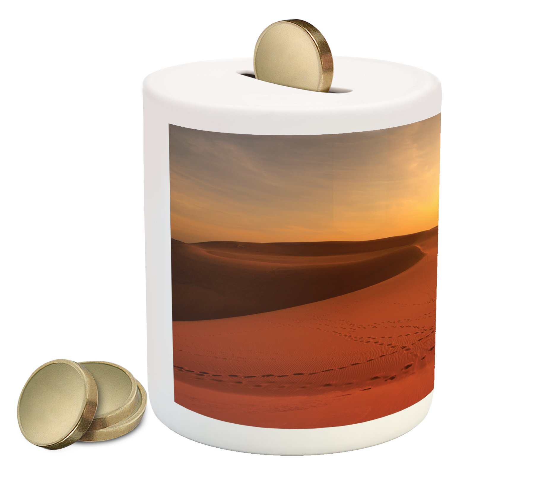 Ambesonne Desert Piggy Bank - Sunrise Sand Dunes Dubai Travel Design Ceramic Money Box for Cash Savings (Dark Orange/Yellow) | Perfect Gift for Travel Lovers & Home Decor
