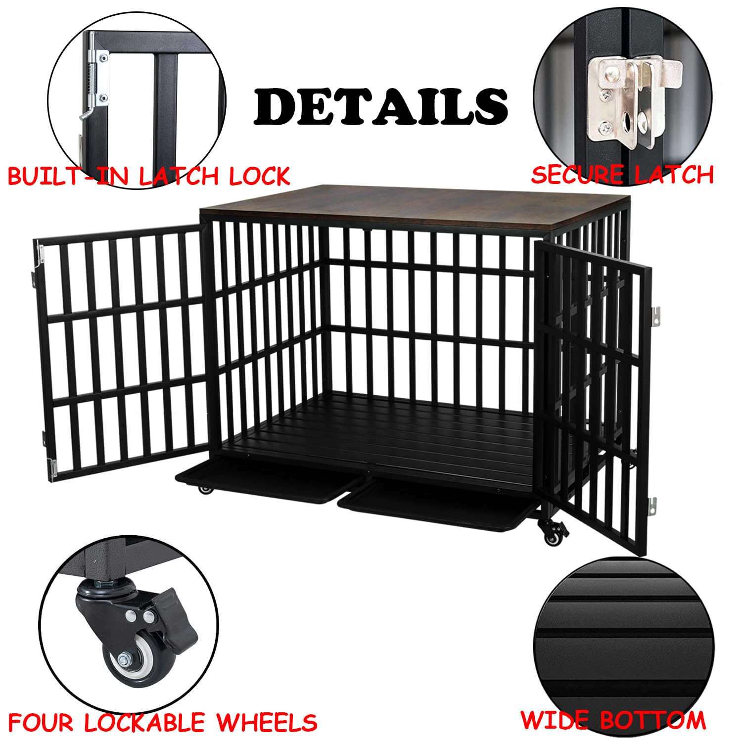42'' Heavy Duty Rustic Wooden Dog Crate Furniture - Escape Proof Kennel Cage for Medium & Large Dogs with Wheels & Removable Tray | Indoor Pet House, Decorative End Table | Perfect for Living Rooms, Bedrooms & Home Offices
