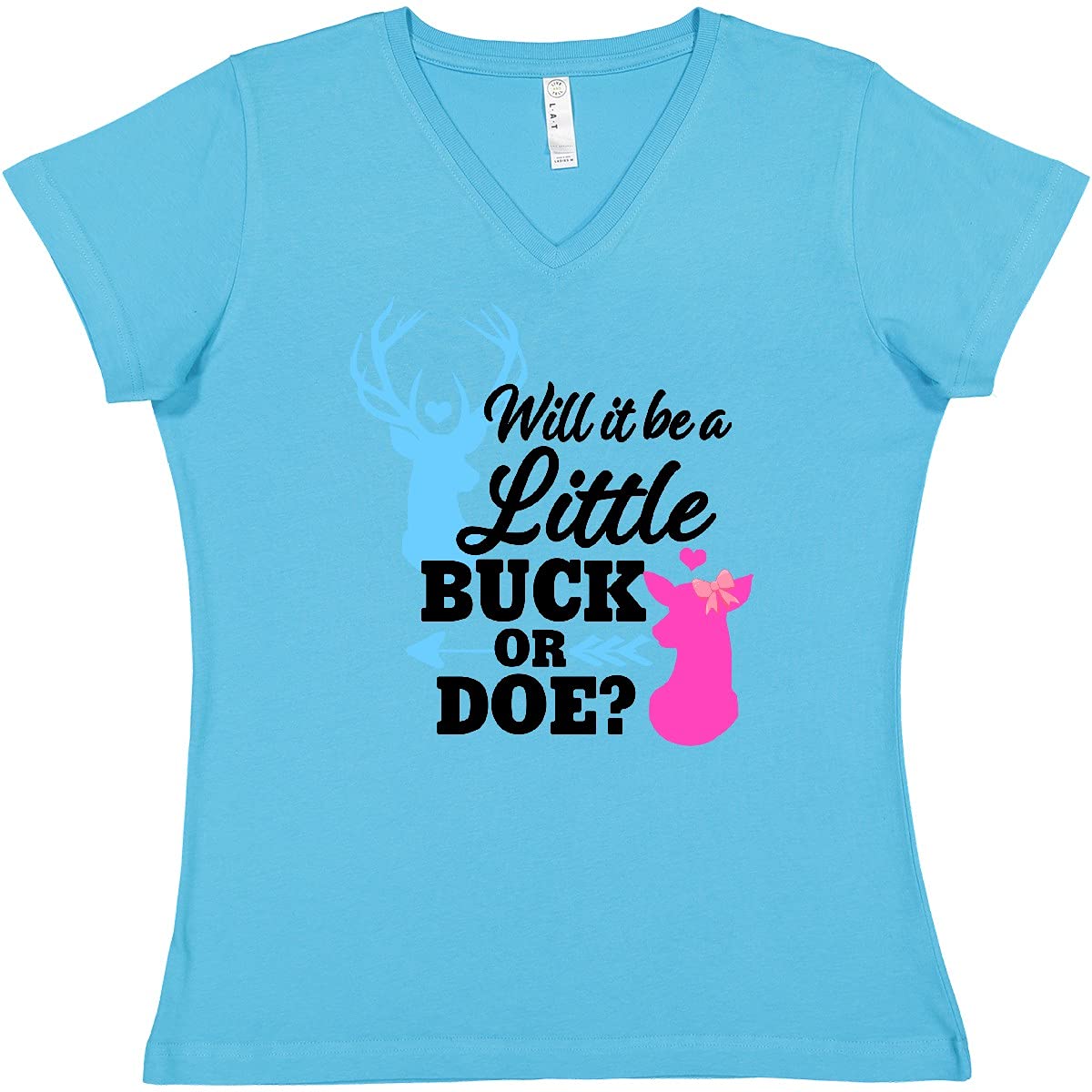 Gender Reveal T-Shirt - Will It Be a Little Buck or Doe? Cute V-Neck Women's Top for Baby Shower, Pregnancy Announcement & Gender Reveal Party