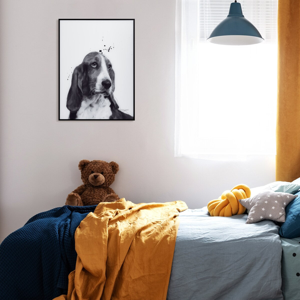 Basset Hound Black and White Dog Portrait Painting - Printed Glass Art with Black Anodized Frame - Perfect for Pet Lovers, Home Decor & Gift Ideas