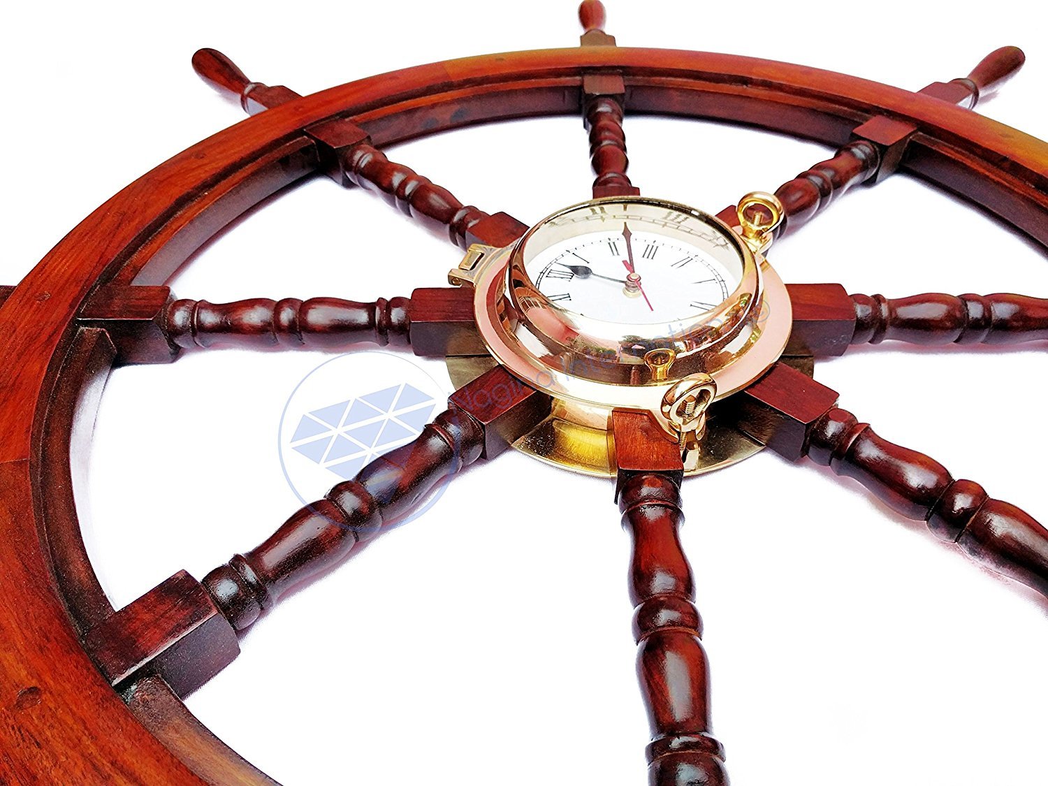 Nagina International 30 Inch Polystone Wood Porthole Clock with Ship Wheel - Nautical Brass Wall Decor for Home & Office - Perfect for Living Room, Bedroom or Marine Theme Decor