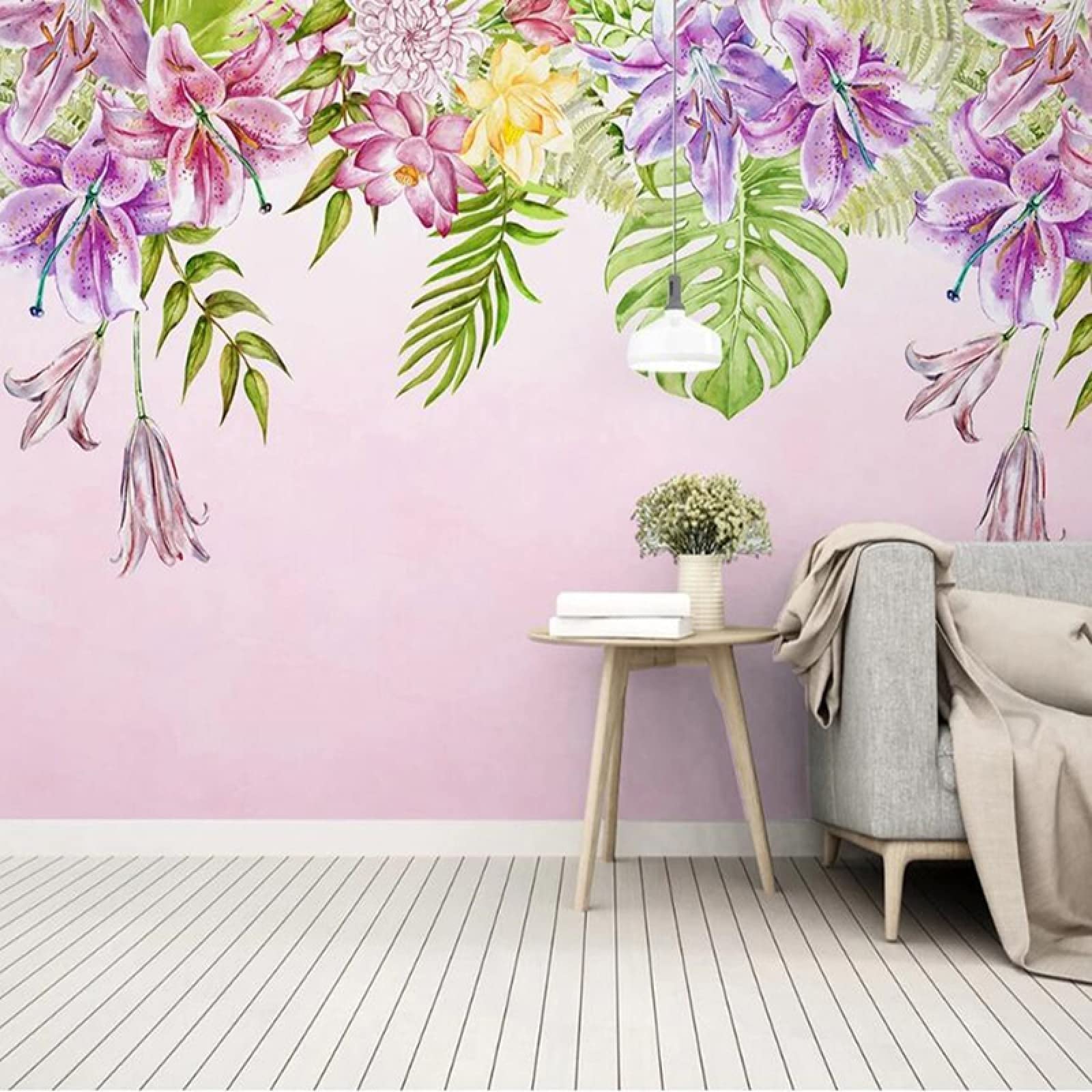 3D Hand-Painted Purple Floral Wallpaper with Plant Leaves - Pink Background Large Panoramic Wall Mural for Living Room & Bedroom (173