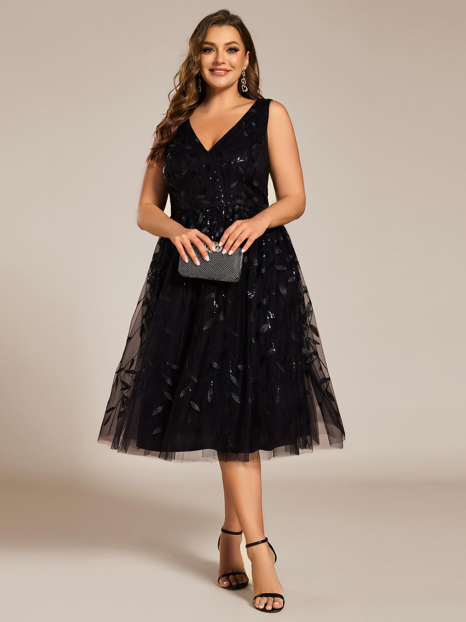 Ever-Pretty Plus Size Sequin A-Line Midi Dress - V-Neck Sleeveless Cocktail Party Dress for Women | Wedding Guest Dress & Summer Formal Attire for Curvy Figures | Perfect for Evening Events, Bridal Showers, and Special Occasions