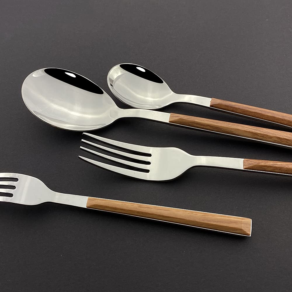 6/30Pcs Stainless Steel Flatware Set with Wooden Handle - Western Dinnerware Cutlery Set Includes Knife, Fork & Spoon - Elegant Tableware for Restaurants, Weddings & Home Dining (Yellow)