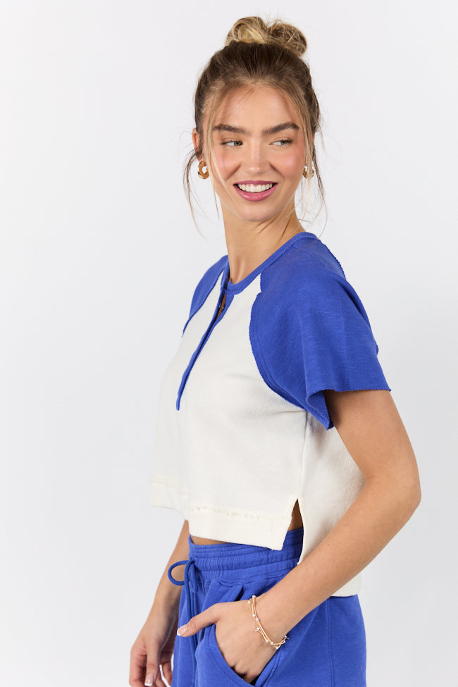 Outfield Angel Cobalt and Cream Color Block Tee - Soft Cotton Baseball Shirt for Women | Casual Streetwear & Game Day Outfits