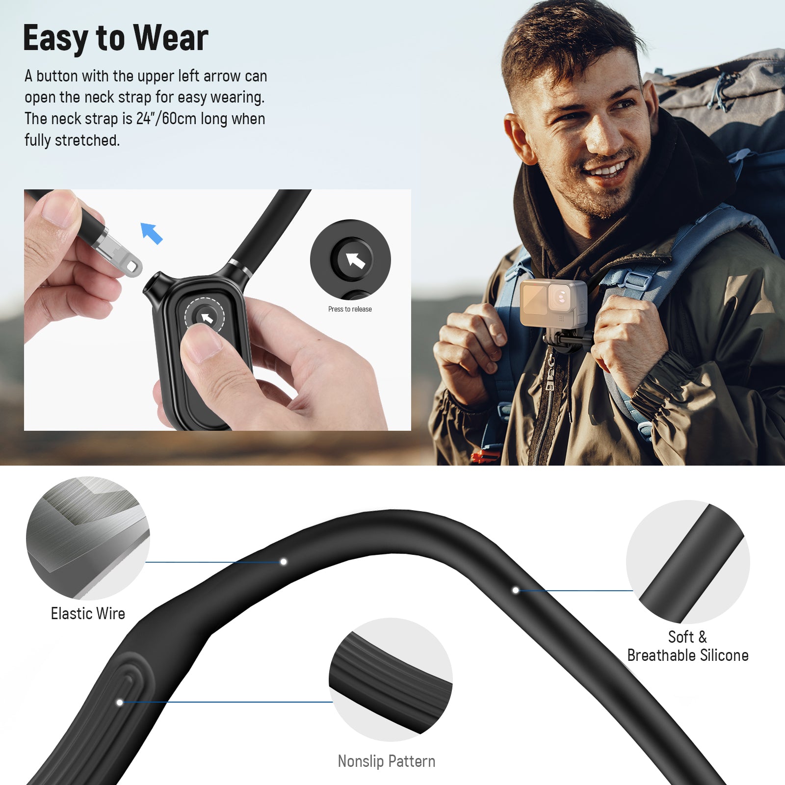 NEEWER GP15 Magnetic Quick Release Flexible Action Neck Mount for POV Camera - Hands-Free Vlogging, Travel Filming & Outdoor Adventures