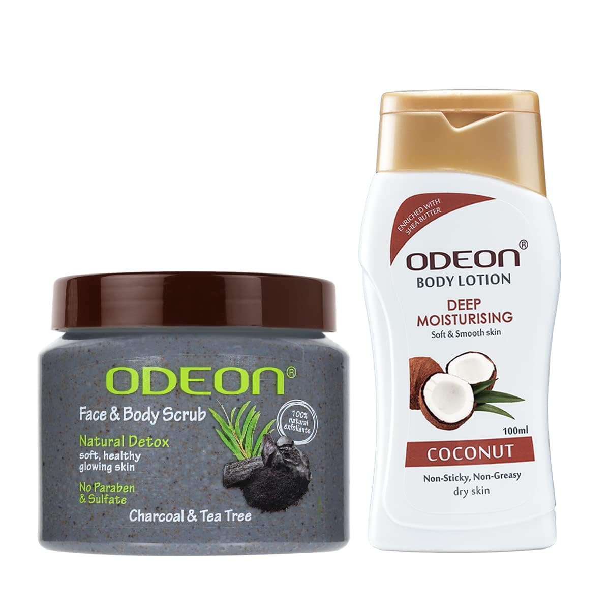 Odeon Charcoal & Tea Tree Oil Face & Body Scrub 10.58oz + Coconut Body Lotion 3.5oz - Exfoliating & Moisturizing Set for Acne-Prone Skin & Dry Skin Care - Perfect for Shower & Spa Day