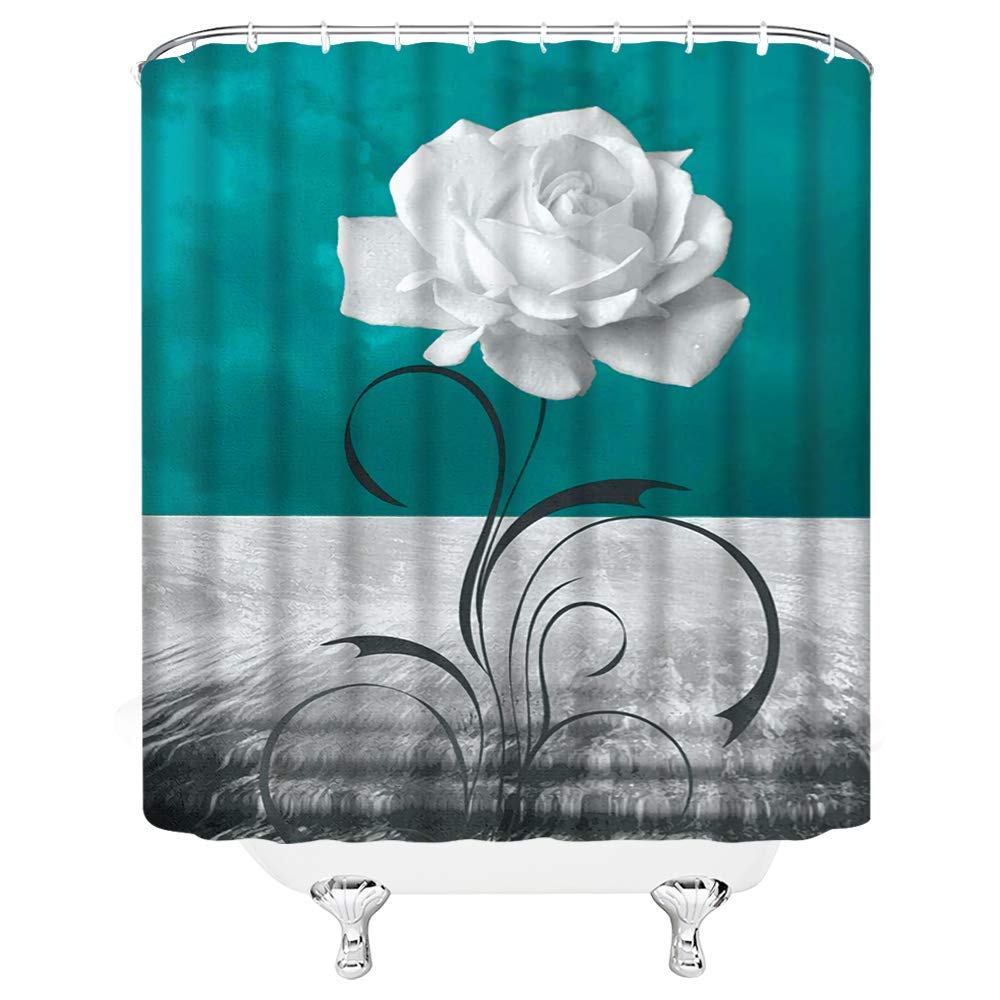 Blue Rose Shower Curtain with White Flowers & Black Abstract Leaves - Modern Gray Dark Teal Bathroom Decor | Quick Dry Fabric with Hooks | Perfect for Contemporary Bathrooms & Spa-Style Showers (White/Grey)