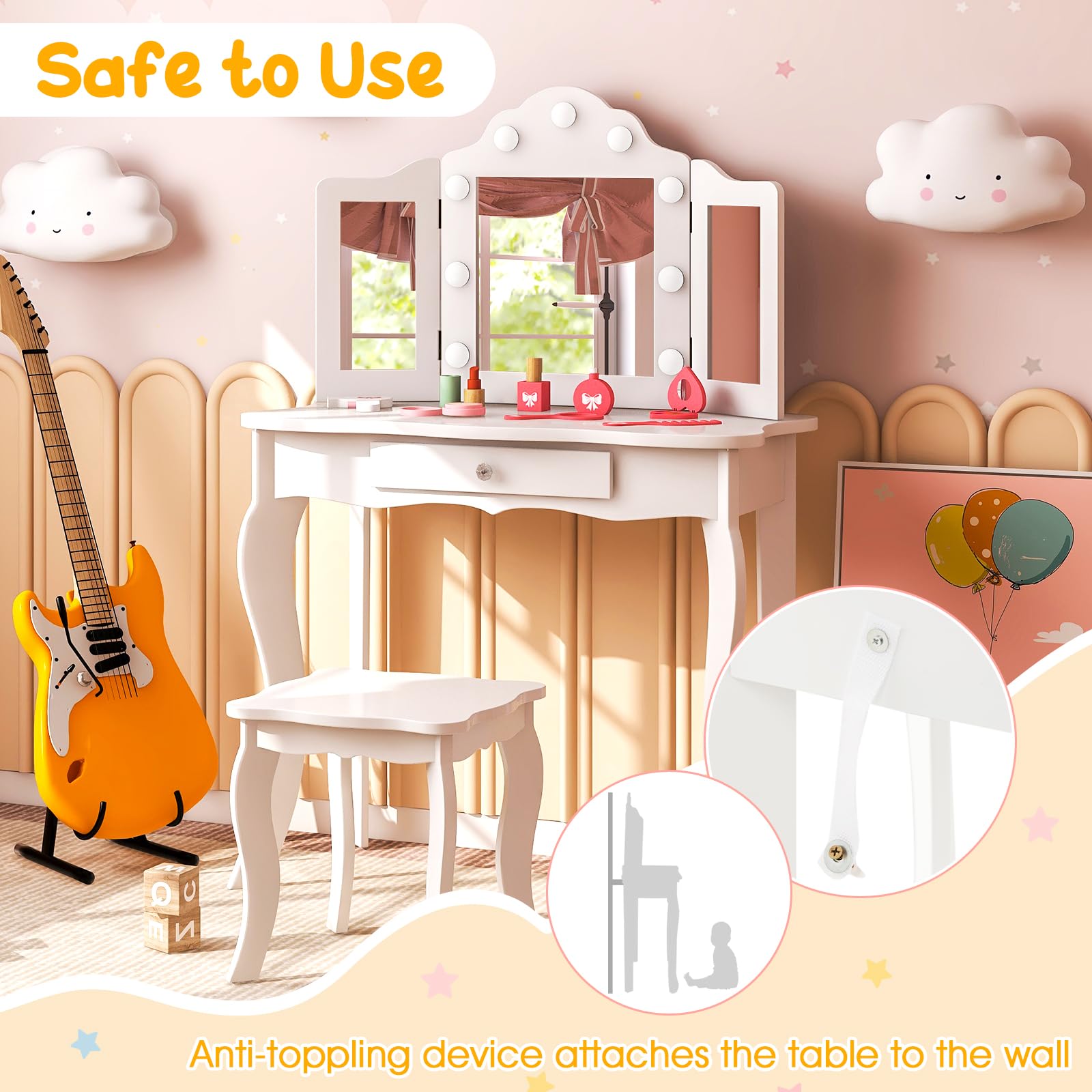 Costzon Kids Vanity Set with Mirror, Stool & LED Lights - 2-in-1 Wooden Princess Makeup Dressing Table with Drawers - White Toddler Vanity Desk for Girls Pretend Play (Perfect for Bedroom Playroom & Birthday Gifts)