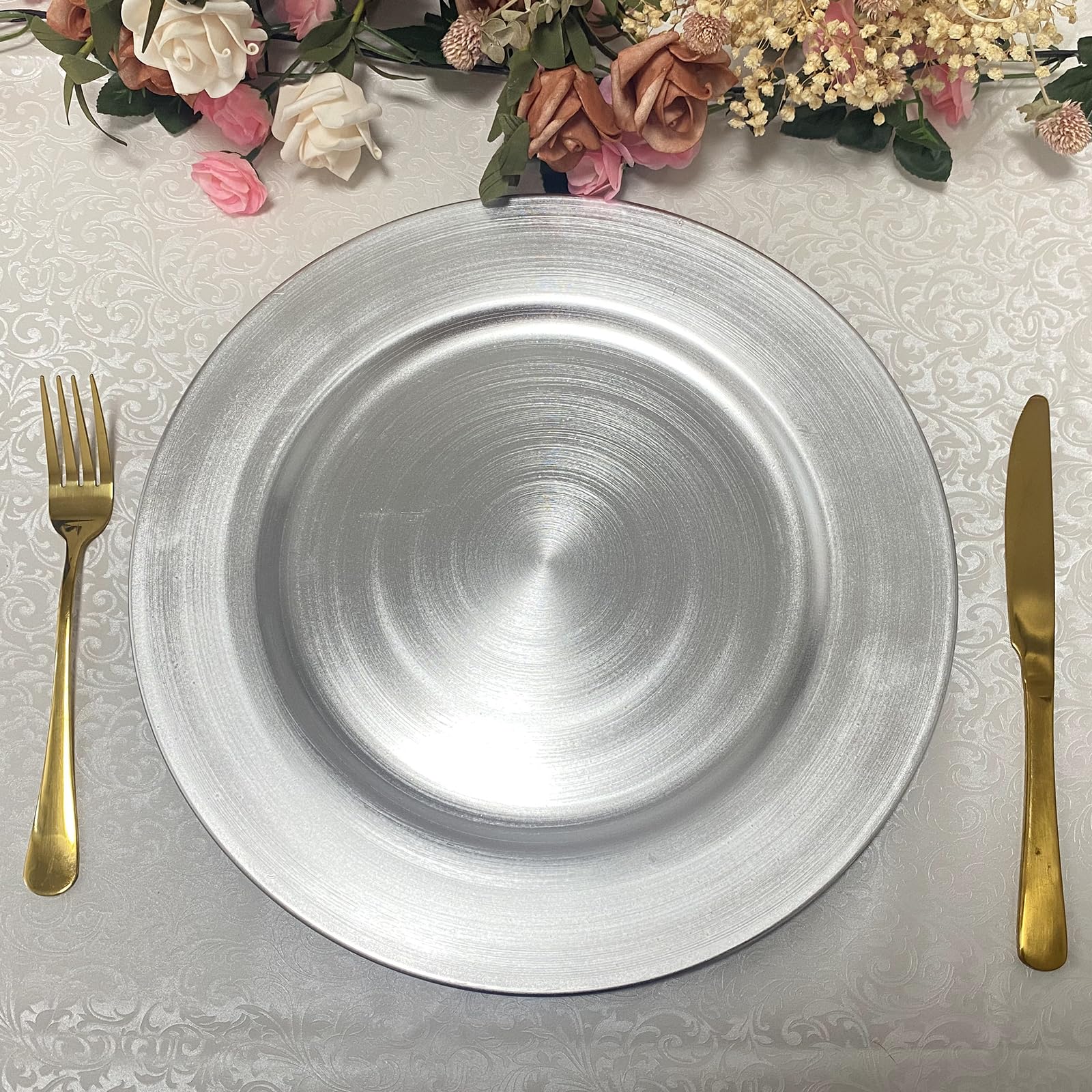 13 Inch Round Plastic Charger Plates Set of 8 - Elegant Metallic Silver Foil Dinner Plates for Wedding, Party, Banquet & Special Events - Perfect for Formal Dining, Buffet Service & Table Decorations