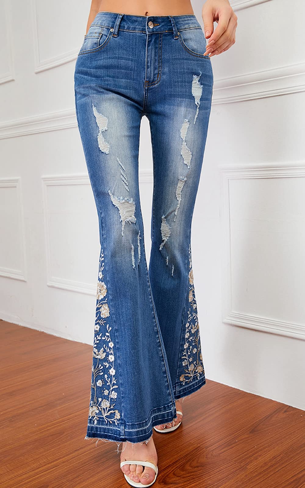 Women's Classic Ripped Flare Jeans - Mid Rise Distressed Embroidered Stretch Bell Bottom Pants for Casual Outfits & Vintage Style