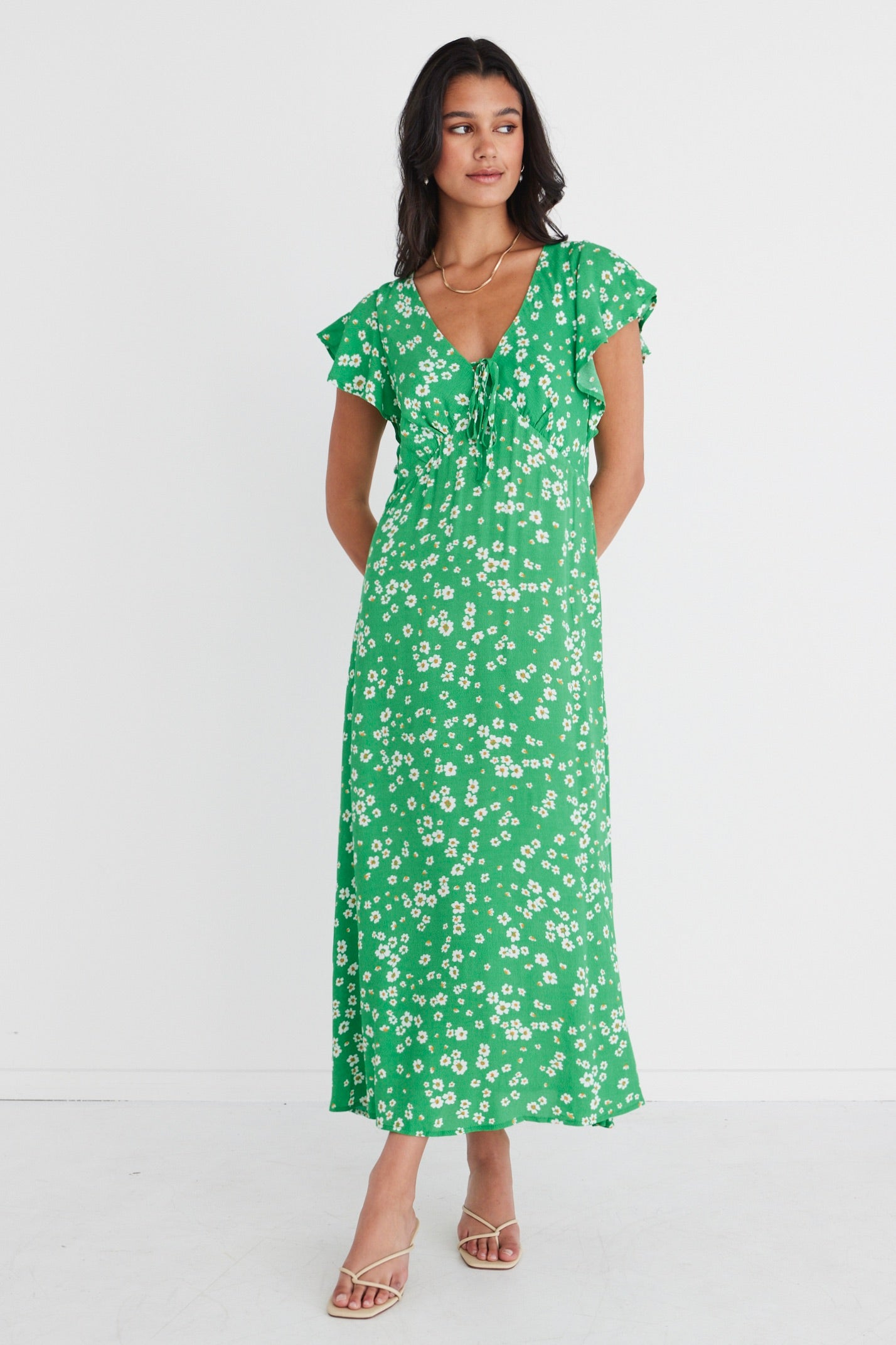 Ovation Green Floral Flutter Sleeve Keyhole Tie Dress - Elegant Summer Dress for Women, Perfect for Garden Parties, Weddings & Date Nights