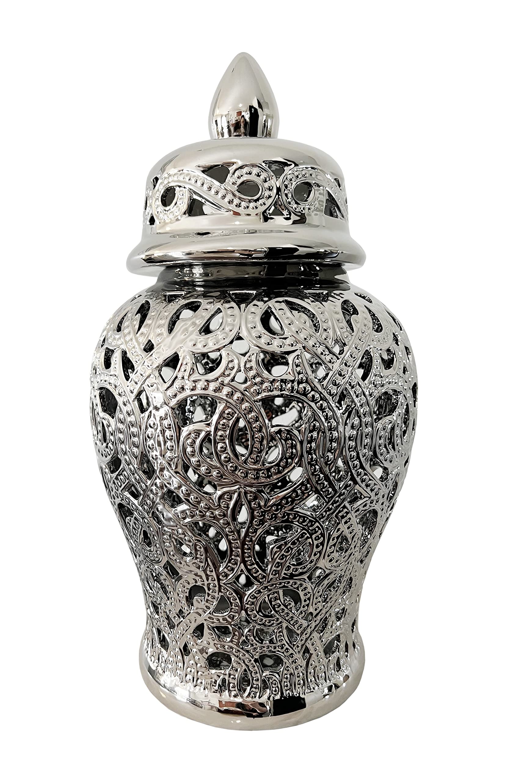 Noori Home - 100% Modern Glam Artisan Ceramic PARKER Medium Silver Ginger Jar Urns with Lid - 9.25x9.25x18 Inches - Elegant Home Decor for Living Room, Bedroom, Office & Wedding Centerpieces