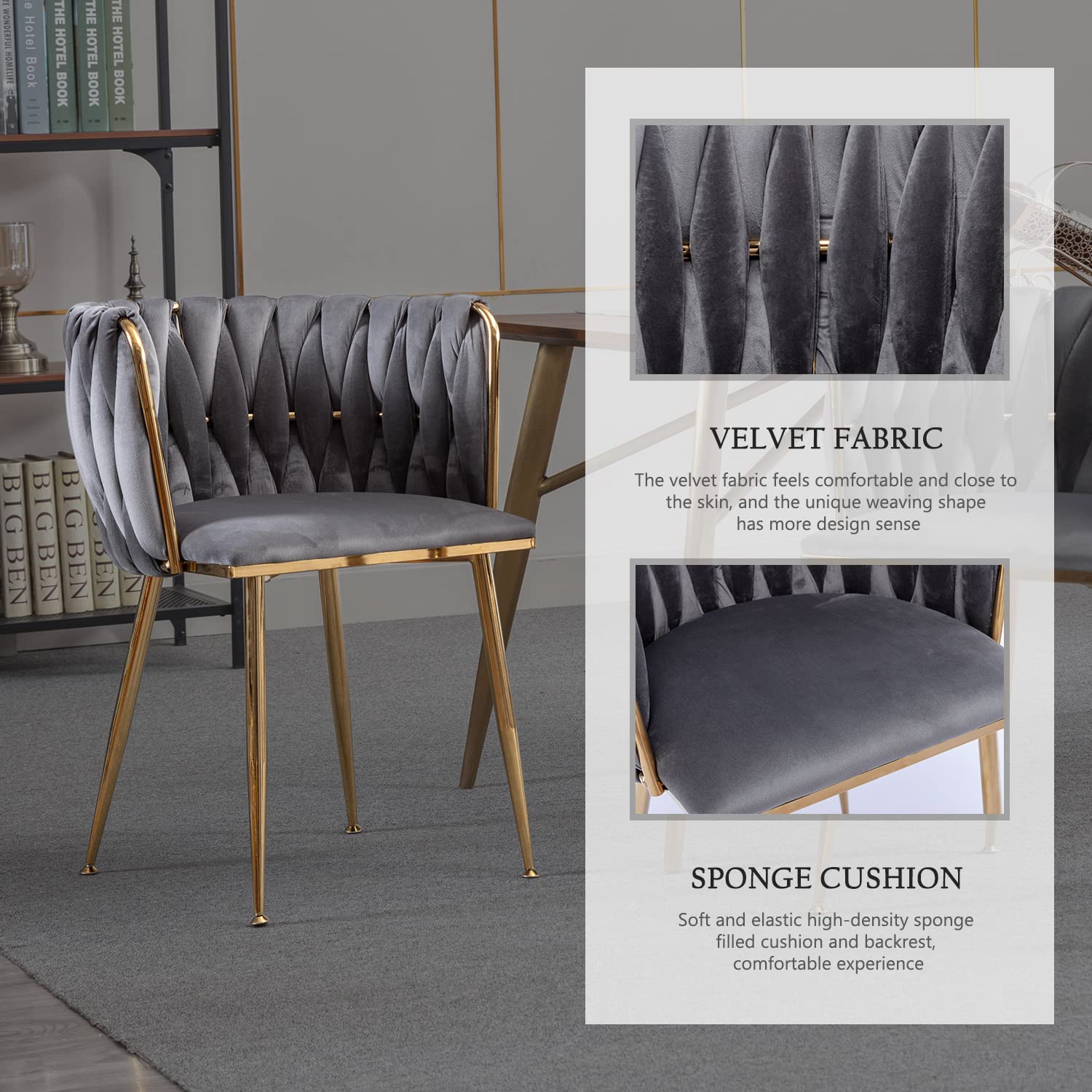 Kiztir Velvet Dining Chairs Set of 2 - Upholstered Modern Dining Room Chairs with Gold Metal Legs, Luxury Tufted Accent Chairs for Living Room, Bedroom, Kitchen - Soft Grey Velvet Fabric (Perfect for Small Spaces & Home Decor)