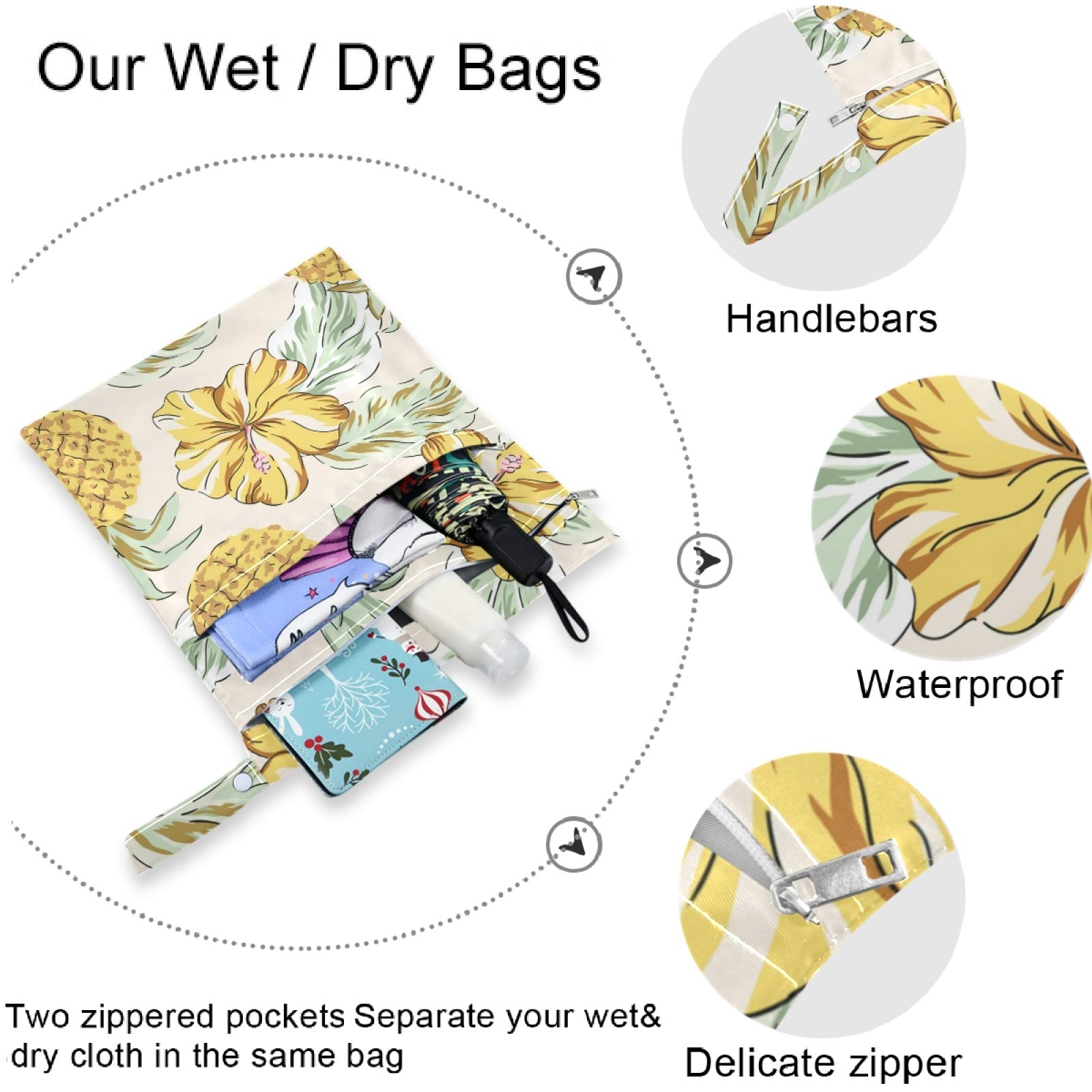 Visesunny Tropical Yellow Pineapple & Flower 2-Piece Wet Bags Set - Waterproof Reusable Zippered Pouch for Travel, Beach, Pool, Gym, Daycare | Perfect for Swimsuits, Diapers, Toiletries & Wet Clothes Organization