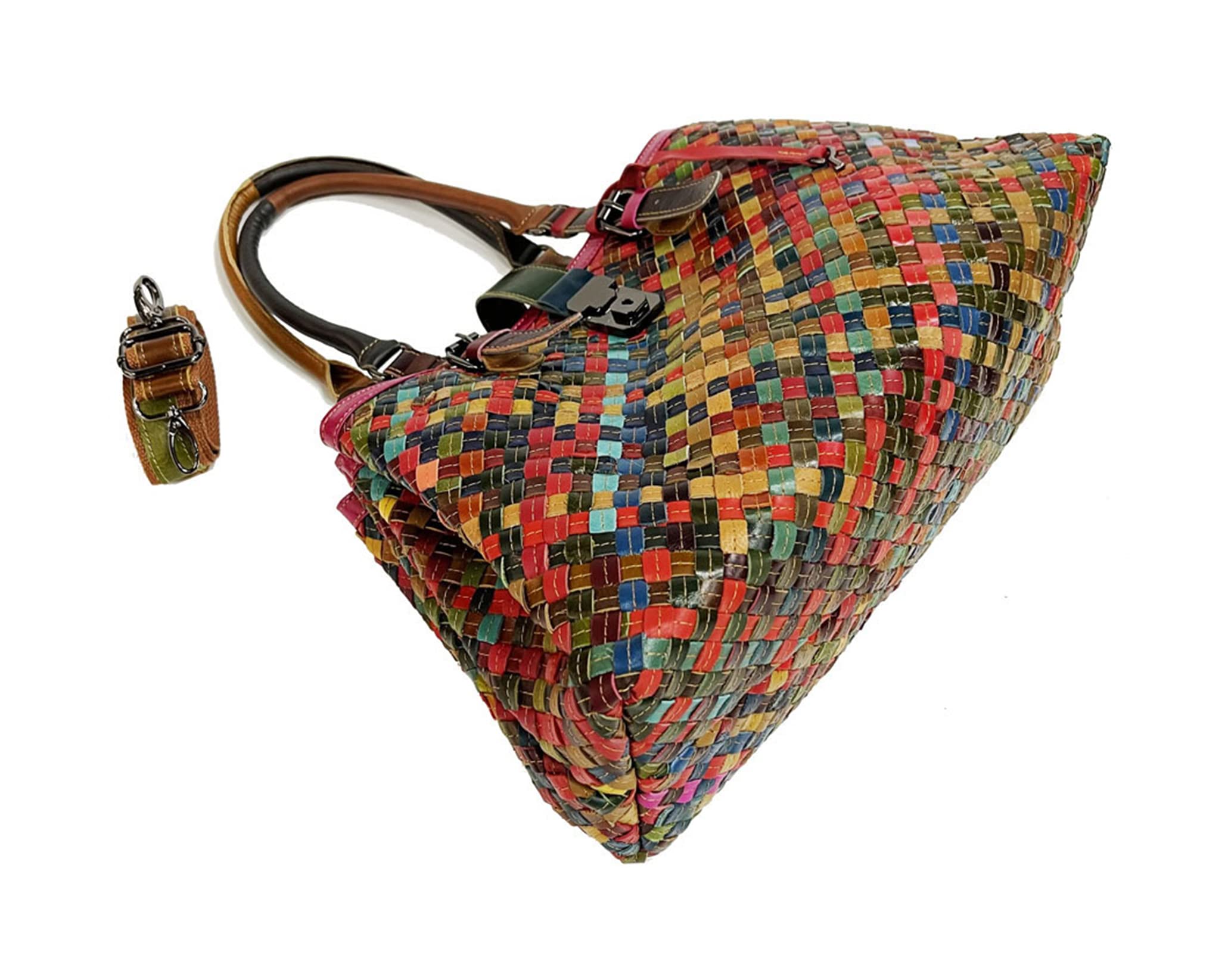 Women's Designer Genuine Leather Handbag - Multicolor Splicing Woven Satchel Purse with Top Handle, Shoulder Strap & Crossbody Option | Perfect for Work, Travel & Everyday Use