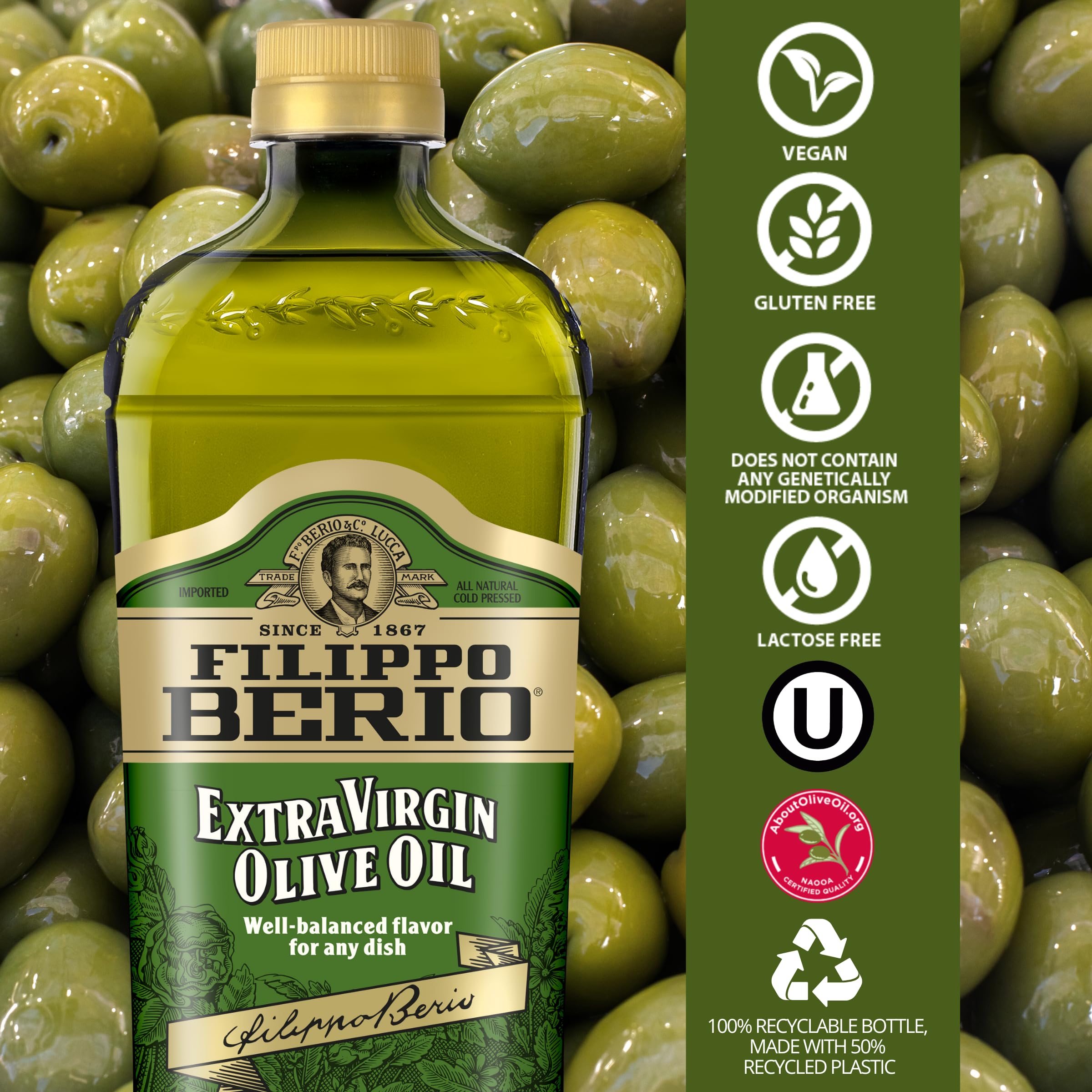 Filippo Berio Extra Virgin Olive Oil - 50.7 oz (1.5L) rPET Eco-Friendly Bottle, Pack of 6 | Premium Cooking Oil for Salads, Pasta & Mediterranean Dishes