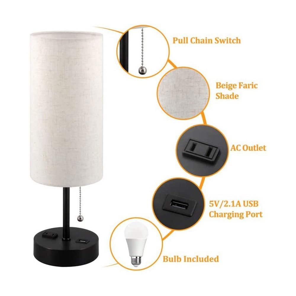 Modern Round Fabric Shade Bedside Table Lamp with 3-Way Dimmable Touch Control, USB-C Charging Port & AC Outlet - Nightstand Lamp for Bedroom, Living Room, Office Desk (Size A2) | Perfect for Reading, Working & Creating Cozy Ambiance