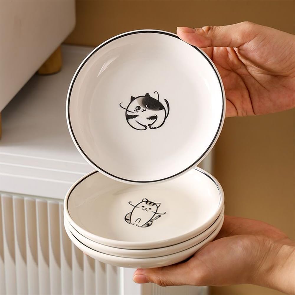 Premium Ceramic Cat-Shaped Side Sauce Dishes - Set of 4 | Sushi Soy Sauce Dipping Bowls, Cookie Serving Plates, Tea Bag Holders | Perfect for Japanese Cuisine, Tea Parties & Home Decor