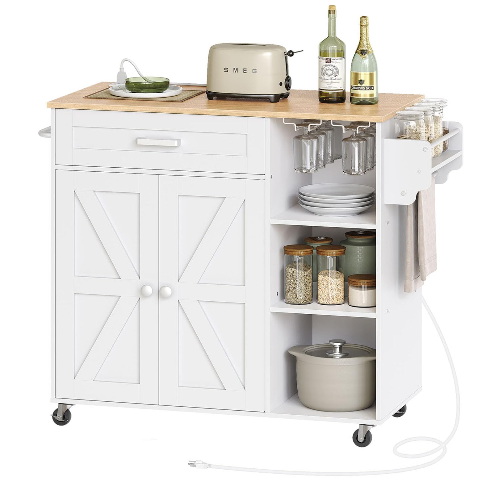 **White & Natural Kitchen Island Cart with Storage, 3 AC Outlets, Spice Rack & Wheels – Mobile Kitchen Workstation for Small Spaces, Dining Prep & Extra Counter Space**