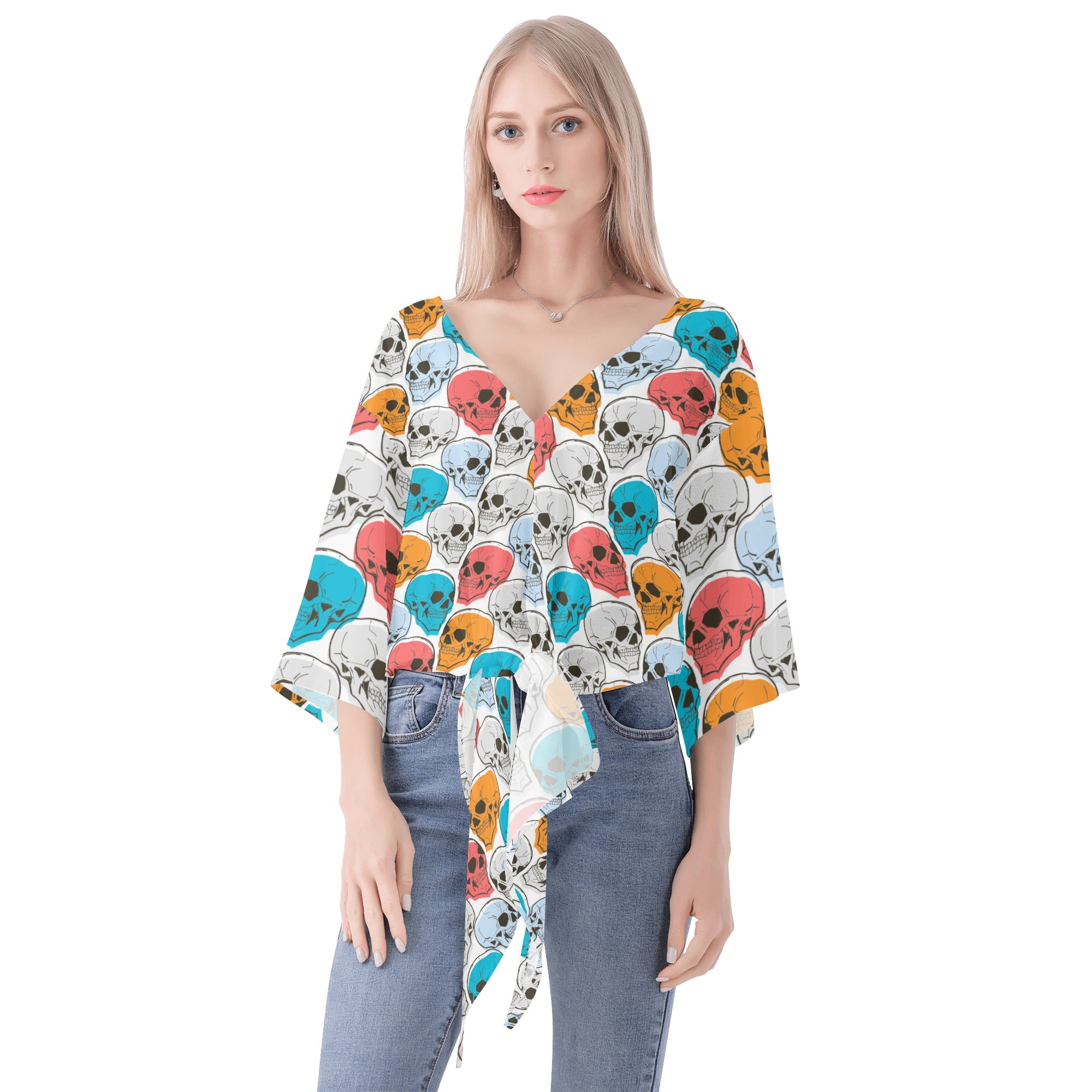 Stylish Colorful Skull Print V-Neck Blouse for Women - Gothic Party Top, Festival Outfit & Casual Wear