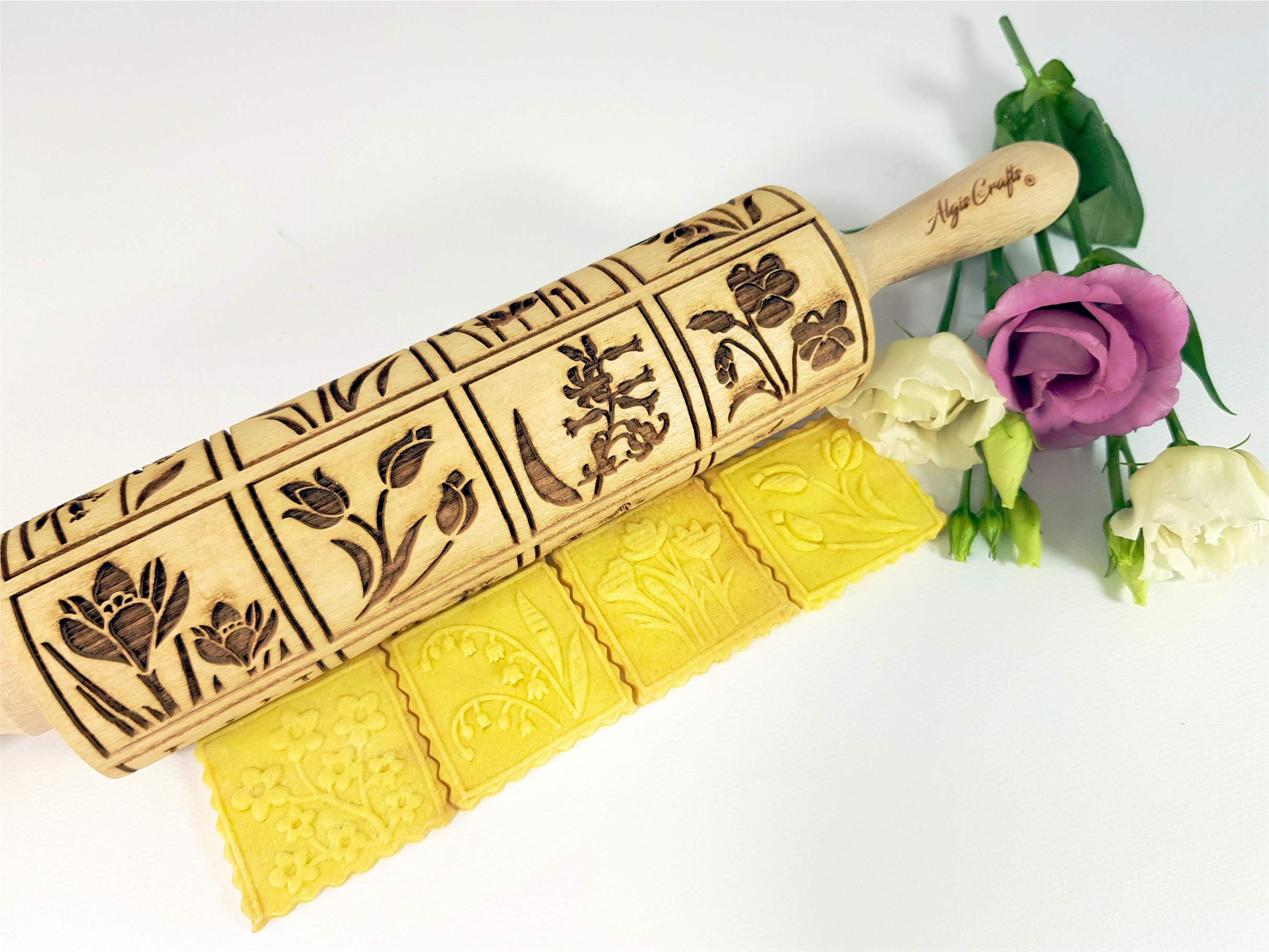 Algis Crafts Spring Flowers Embossing Rolling Pin - 16 Unique Floral Designs for Dough & Clay - Perfect for Embossed Cookies, Pottery & Ceramic Stamping - Ideal Baking Gift for Women - Great for DIY Crafts, Home Baking & Creative Ceramic Projects