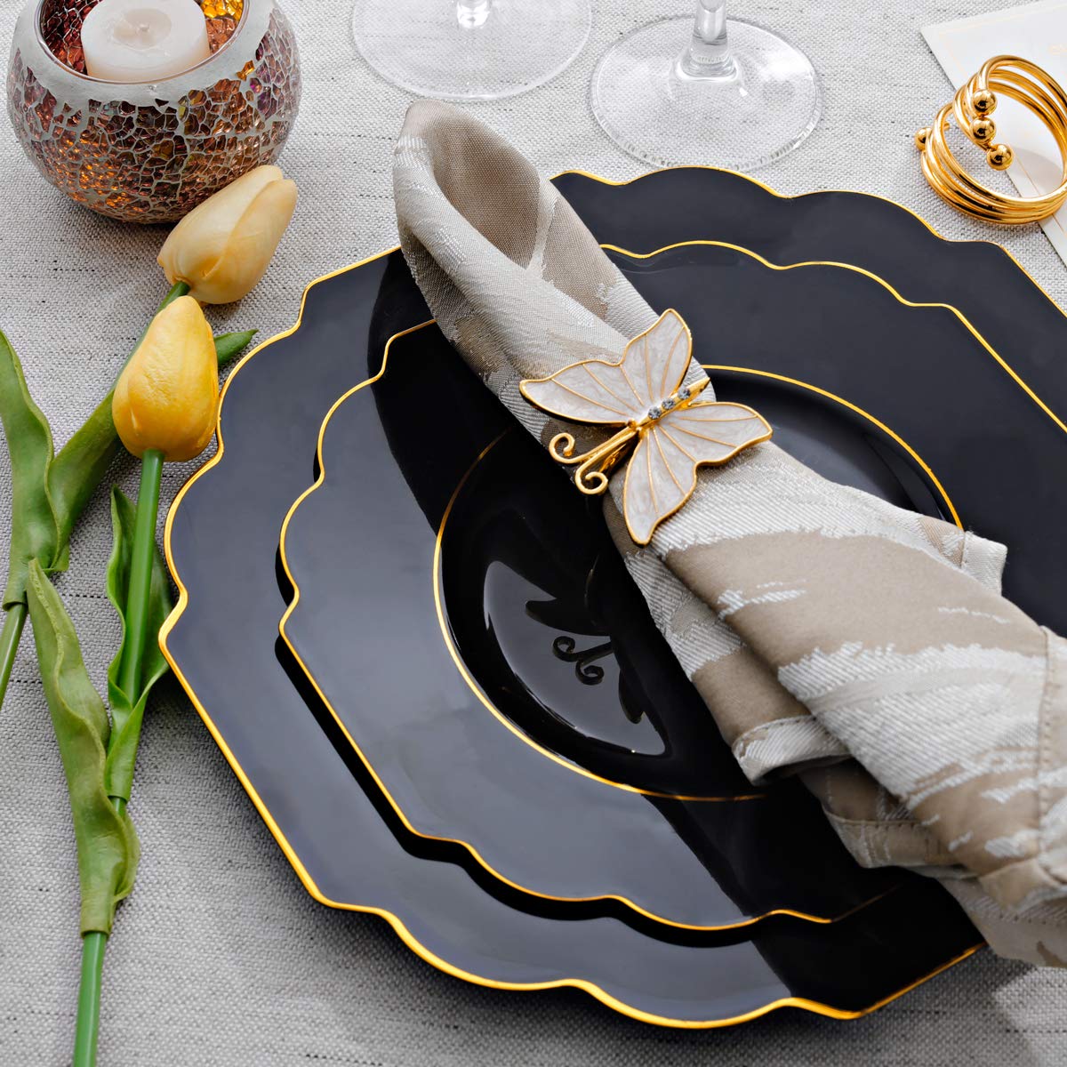 Supernal 34-Piece Gold Plastic Silverware Set with Black Handles - Includes 30 Gold-Rimmed Black Dinner Plates & 30 Appetizer Plates - Elegant Disposable Cutlery for Parties, Weddings, Birthdays & Formal Events