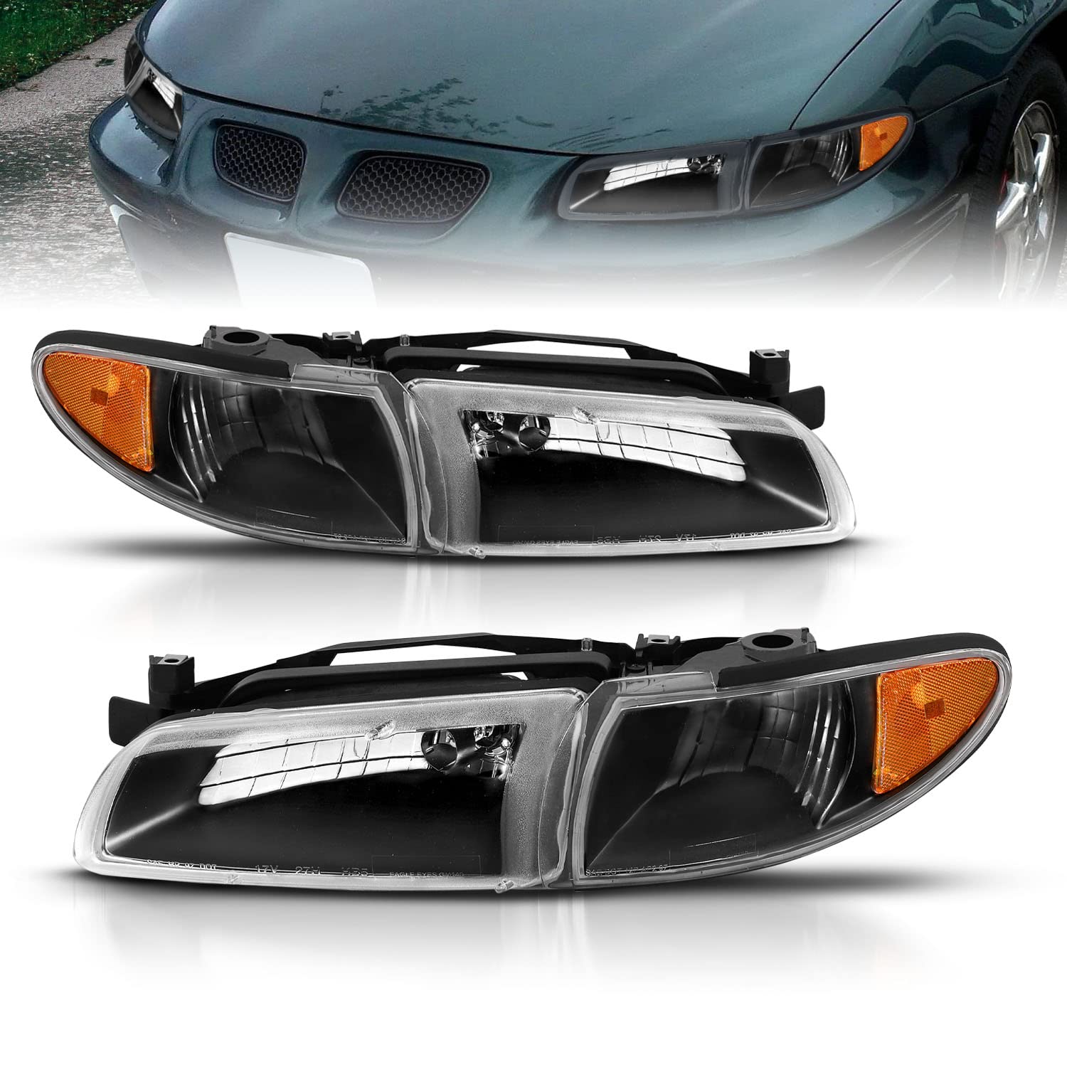 1997-2003 Pontiac Grand Prix Black Replacement Headlights Assembly with Corner Signal Lights - Driver & Passenger Side | High-Performance Lighting for Night Driving & Enhanced Visibility