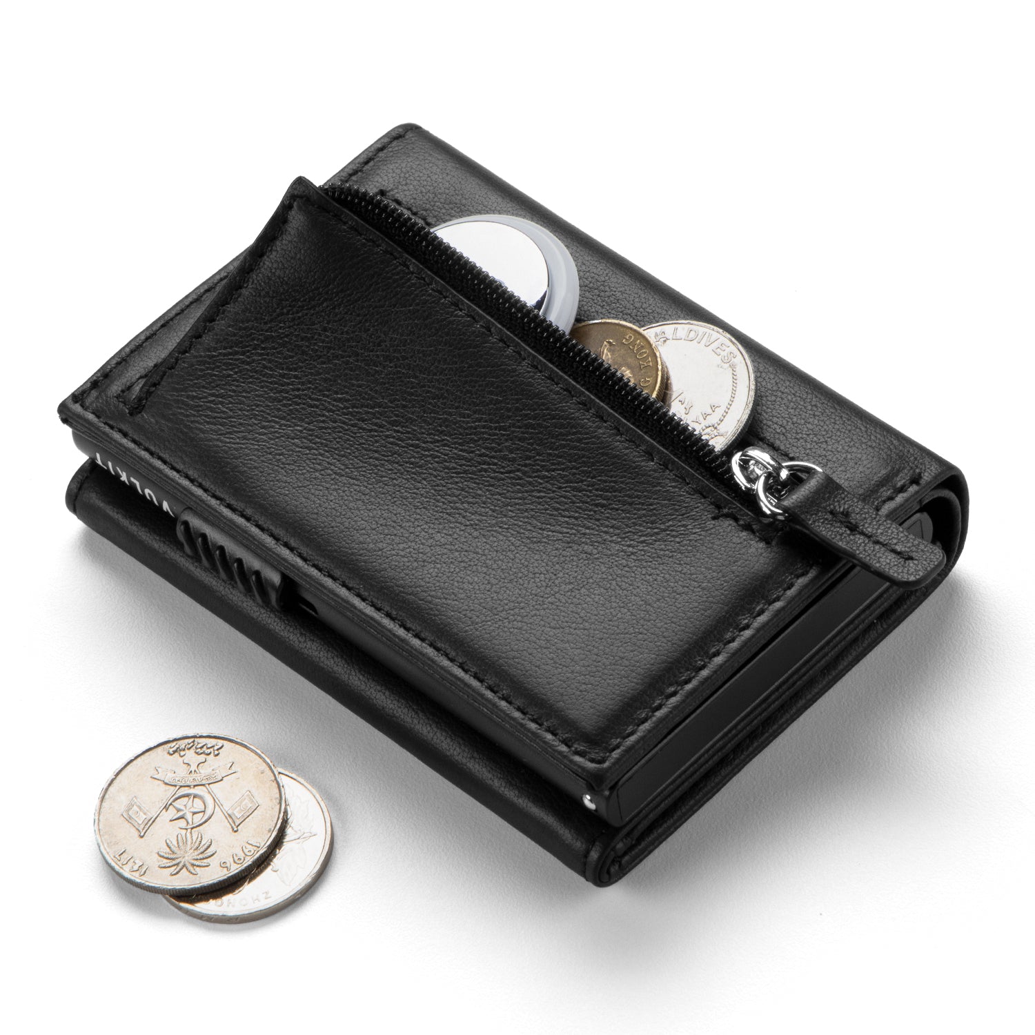 VC302P Genuine Leather Tri-Fold Wallet with Side Slider Mechanism, Back Zipper Slot & Magnetic Closure - Perfect for Men's Everyday Carry, Business & Travel