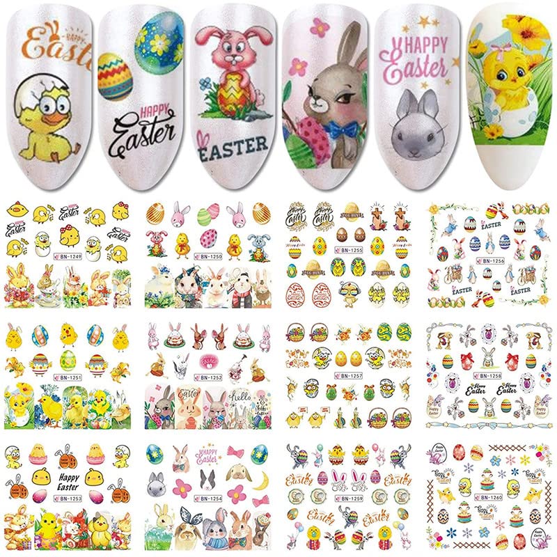 FAMEZA 12 Designs Easter Nail Art Stickers - Bunny, Eggs & Cartoon Rabbit Water Transfer Nail Decals for Women | Perfect for Easter Nail Decorations & Spring Manicures
