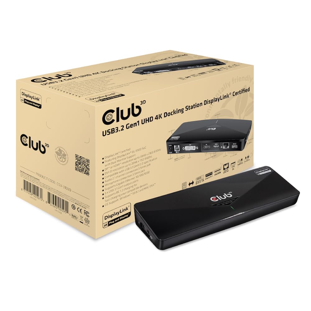 Club3D CSV-3103D 4K Ultra HD Universal Laptop Docking Station with DisplayPort & HDMI, USB 3.0 Hub - Perfect for Home Office, Gaming & Multi-Monitor Workstations