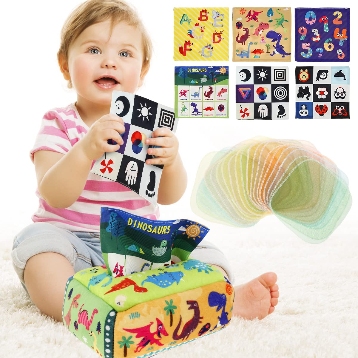 **Montessori Baby Tissue Box Toy - Sensory Crinkle & High Contrast Learning Toy for Newborns 6-12 Months | Educational Infant Toy for Early Development, Stocking Stuffer Gift (Great for Tummy Time & Playtime)**