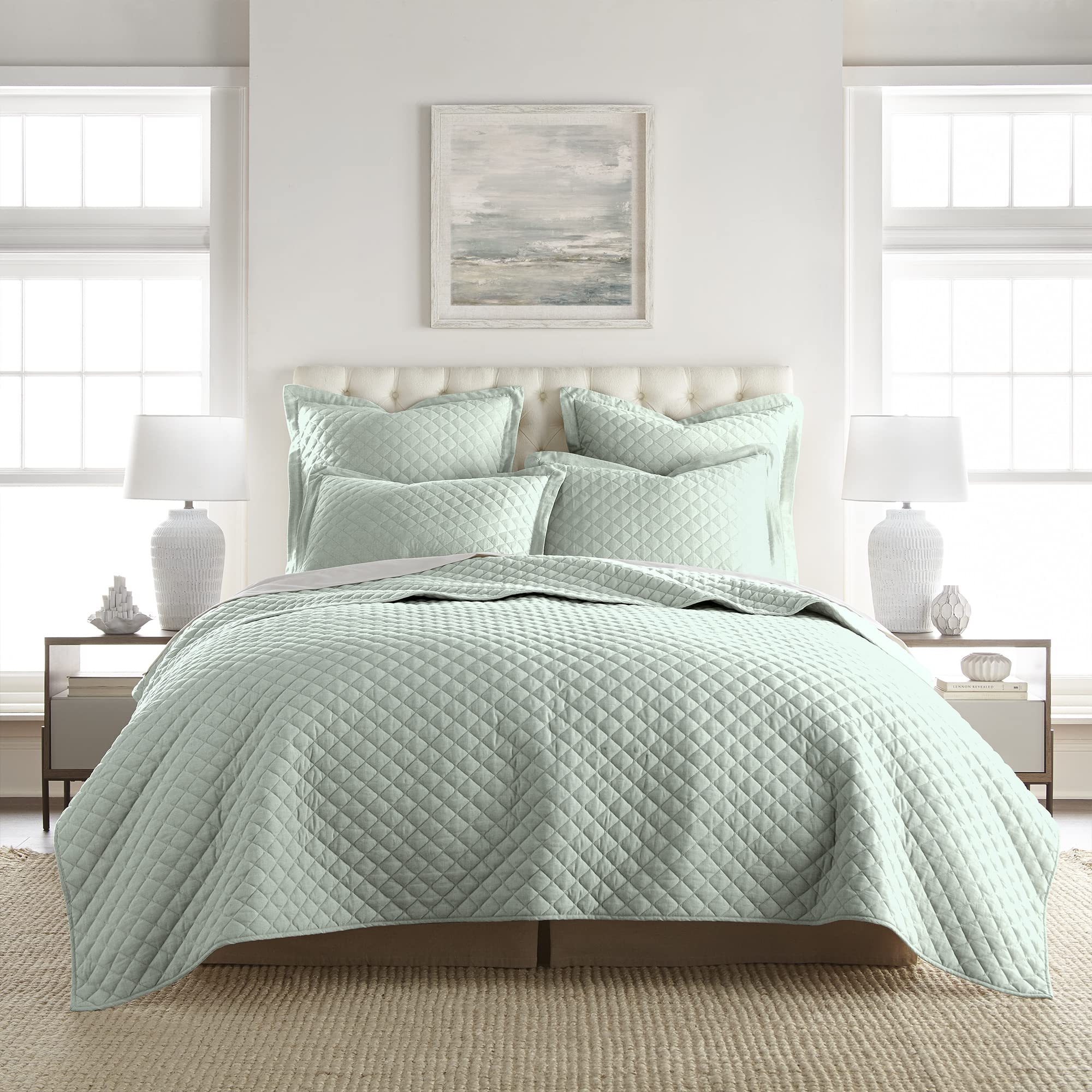 Levtex Home Austin Reversible Diamond Quilt Set - Full/Queen Size (88x92in) with 2 Standard Shams (20x26in) - Linen Cotton Blend Bedding - Spa Style Luxury Quilt for Master Bedroom & Guest Room Decor