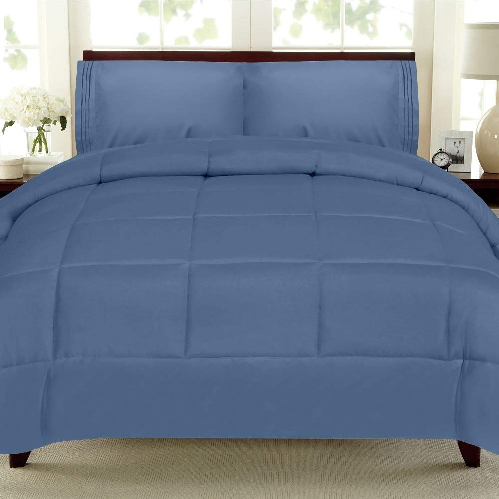 All Season Full Down Alternative Comforter Set - Premium Microfiber, Ultra Soft & Lightweight, Baffle Box Stitching, Denim Blue - Perfect for Bedroom, Guest Room, Dorm & Cozy Home Decor