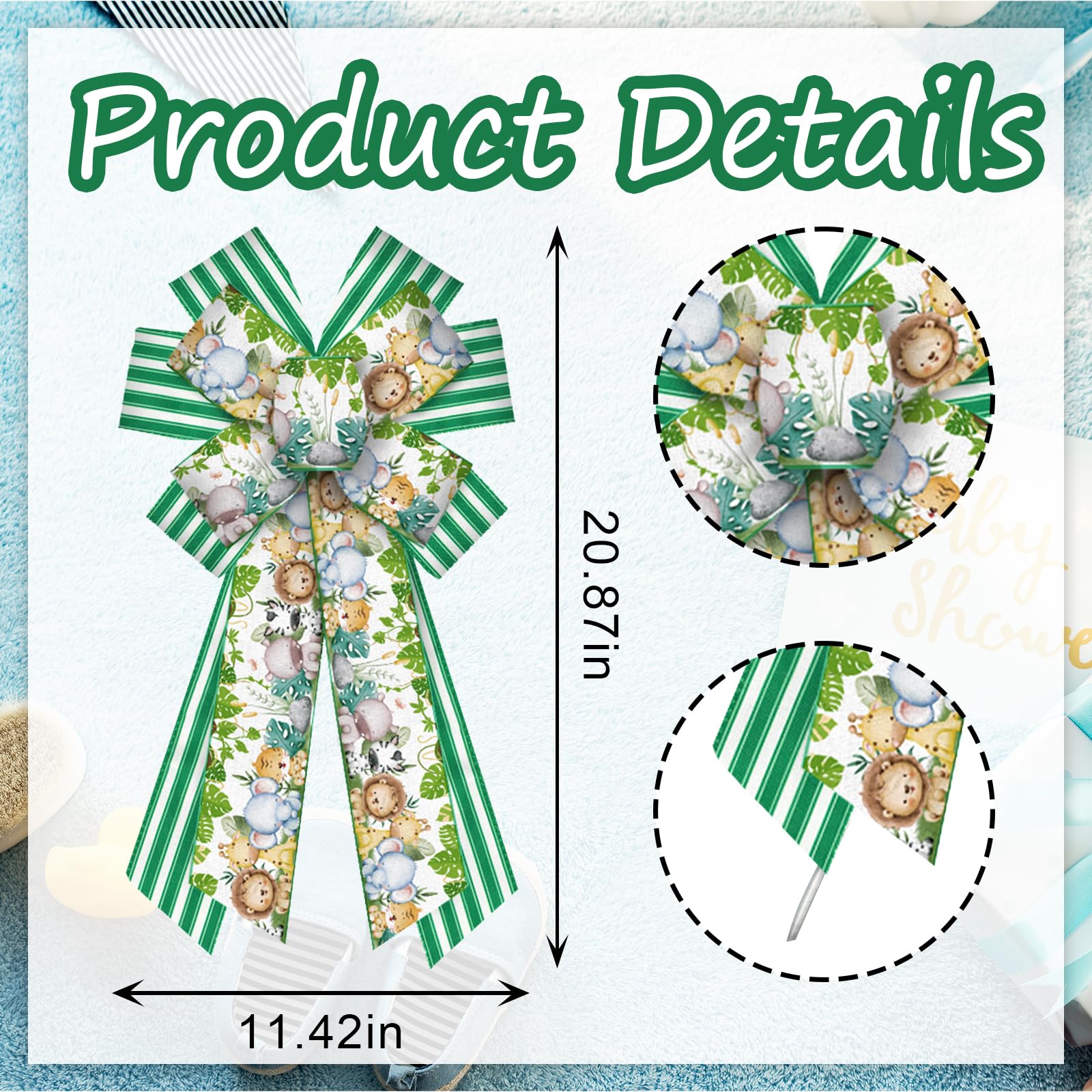 Large Woodland Animal Wreath Bows - Green Stripe Burlap Ribbon Bows for Jungle Themed Baby Shower Decorations | Indoor Outdoor Wreath Ornament Supplies for Party, Nursery, and Seasonal Home Decor