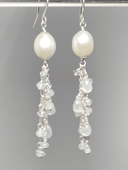 Pearl Moonstone Bridal Dangle Earrings Sterling Silver with Herkimer Diamonds - Elegant Wedding Jewelry for Brides & Special Occasions