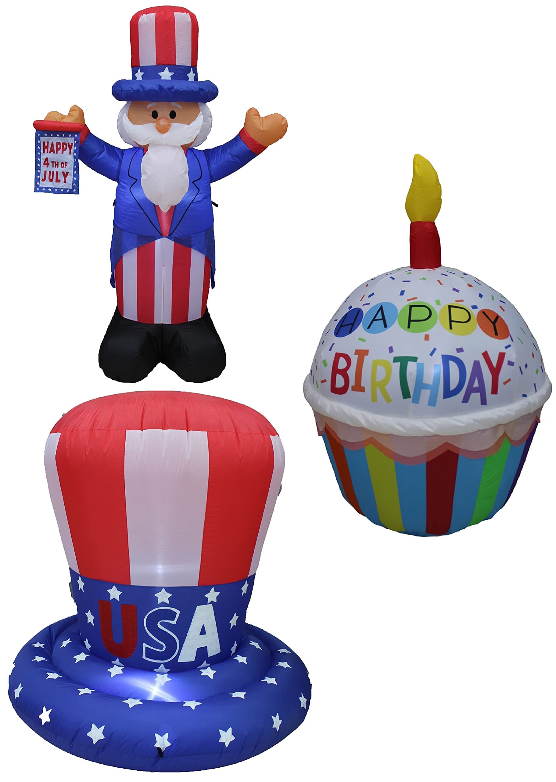 Patriotic Independence Day & Birthday Party Decorations Bundle - 4ft Inflatable Uncle Sam, USA Flag Top Hat & Birthday Cupcake - Perfect for 4th of July Celebrations, National Holidays & Birthday Parties