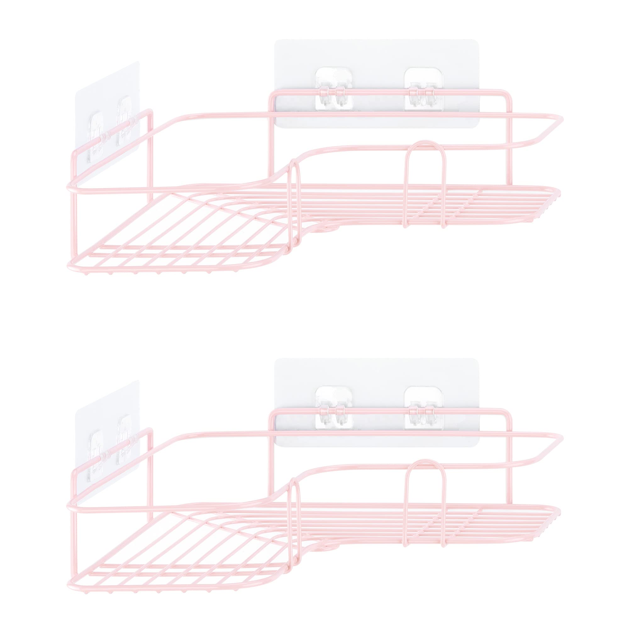 Navaris Self Adhesive Shower Caddy Set of 2 - Waterproof Bathroom Organizer Shelves for Corner Wall Mount - Space Saving Toiletry Shampoo Storage Rack Holder in Pink - Perfect for Small Bathrooms, Apartments and Dorm Rooms