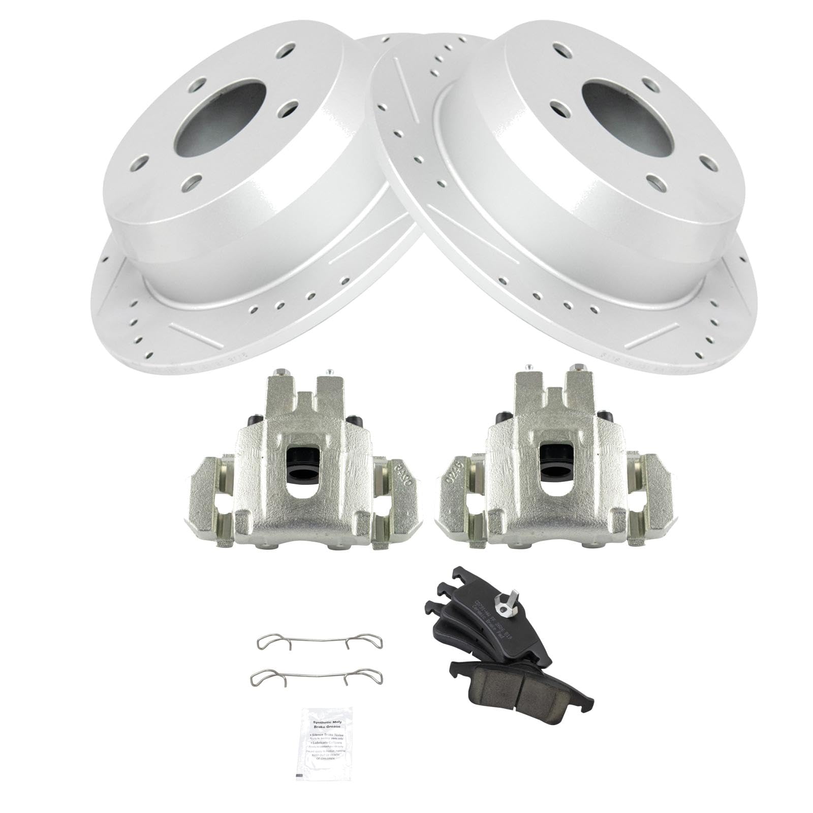 TRQ Premium Ceramic Rear Brake Pads & Rotors Kit - G-Coated Solid Rotors & Calipers - Compatible with 1999-2004 Jeep Grand Cherokee - Perfect for Off-Roading, Towing & Daily Driving