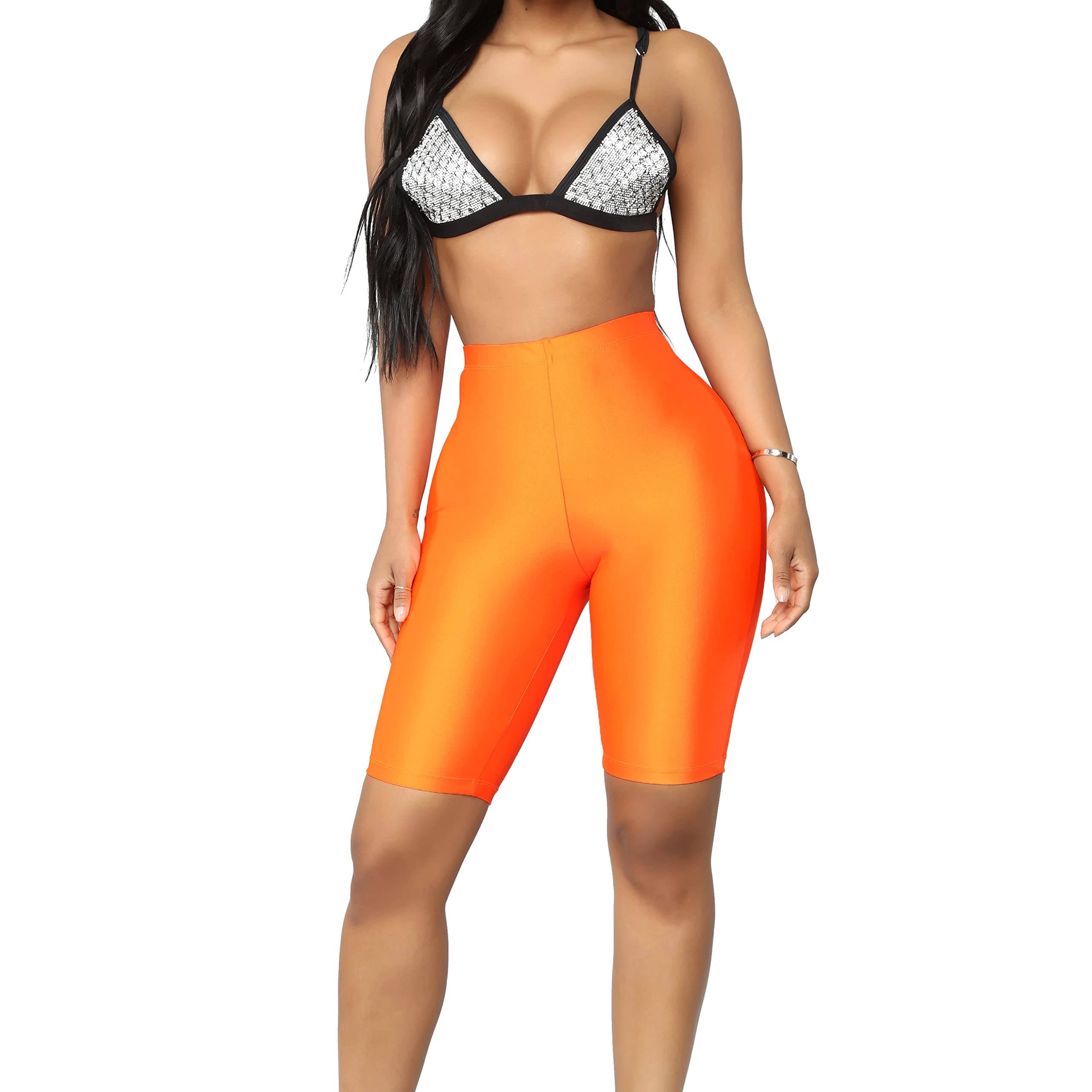 Women's High-Waisted Shiny Neon Biker Shorts - Yoga Running Workout Activewear Knee-Length Leggings | Perfect for Gym, Cycling & Summer Outdoor Activities