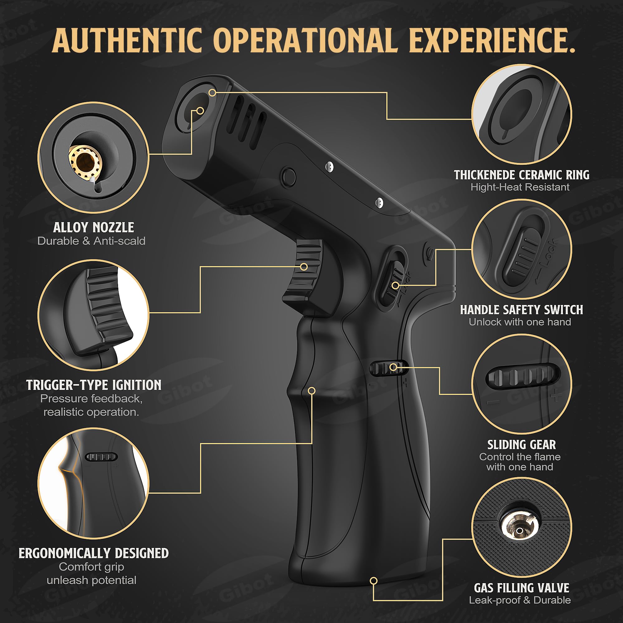 GIBOT Refillable Butane Torch Lighter Gun - Adjustable Flame Cooking Torch with Safety Lock, Ergonomic Design for Kitchen, BBQ, Welding & Industrial Use (Butane Gas Not Included) - Perfect for Creme Brulee, Soldering, Culinary Arts & Outdoor Grilling