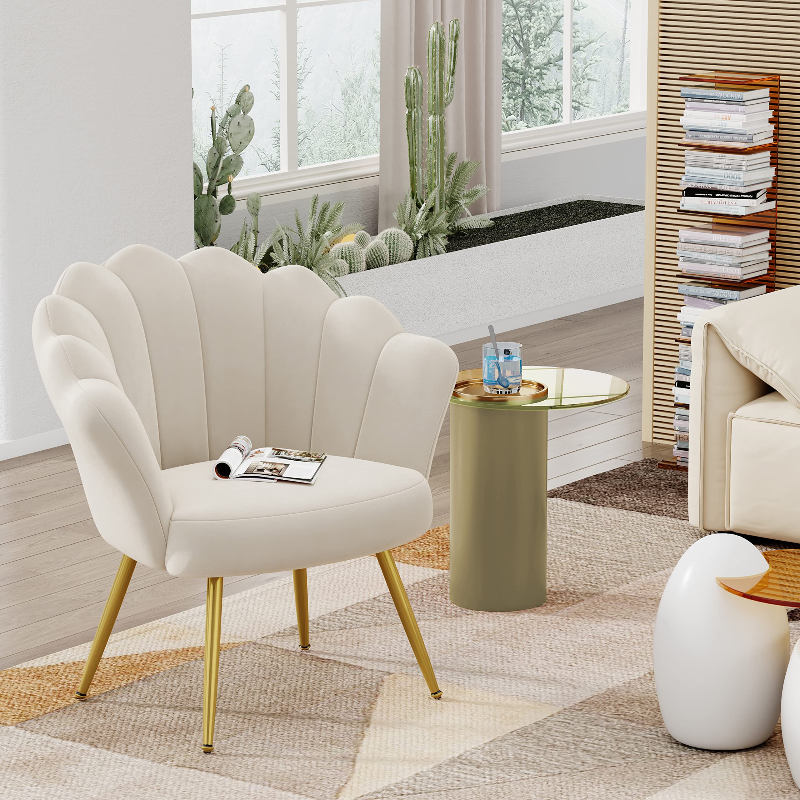 Mid Century Velvet Accent Chair - Modern Upholstered Barrel Armchair for Living Room, Bedroom & Makeup Vanity - Comfy Guest Leisure Chair in Ivory - Perfect for Home Decor, Reading Nook & Lounge Areas
