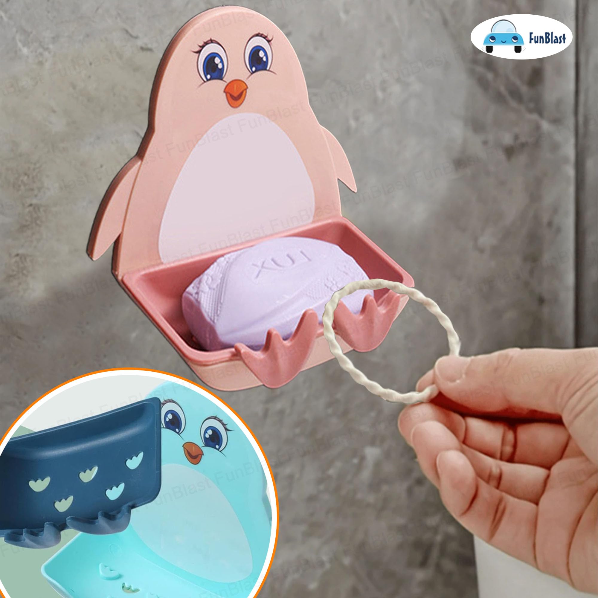 FunBlast Penguin Soap Case Set of 2 - Wall Mounted Soap Holder for Bathroom & Kitchen Sink, Waterproof Magic Stickers Soap Dish Organizer (Blue & Pink) - Perfect for Kids' Bathrooms, RV Showers, and Dorm Sinks