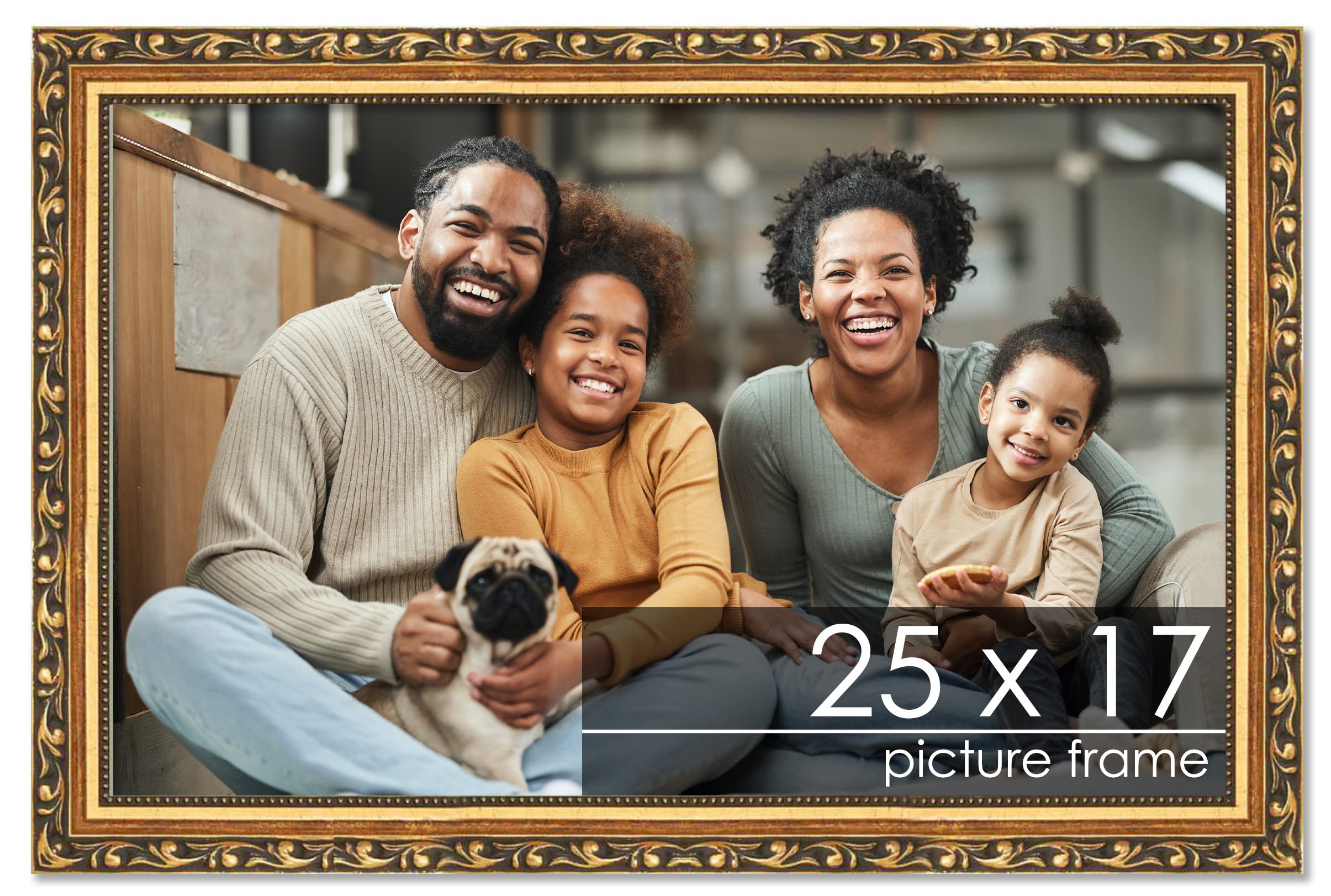 25x17 Traditional Gold Wood Picture Frame with UV Acrylic Plexiglass - Complete Set with Foam Board Backing & Hanging Hardware - Perfect for Posters, Artwork, and Home Decor Display