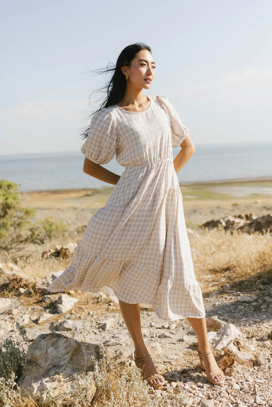 Melina Plaid Midi Dress in Taupe | Women's Fashion | Perfect for Office, Date Night & Fall Outfits | FINAL SALE