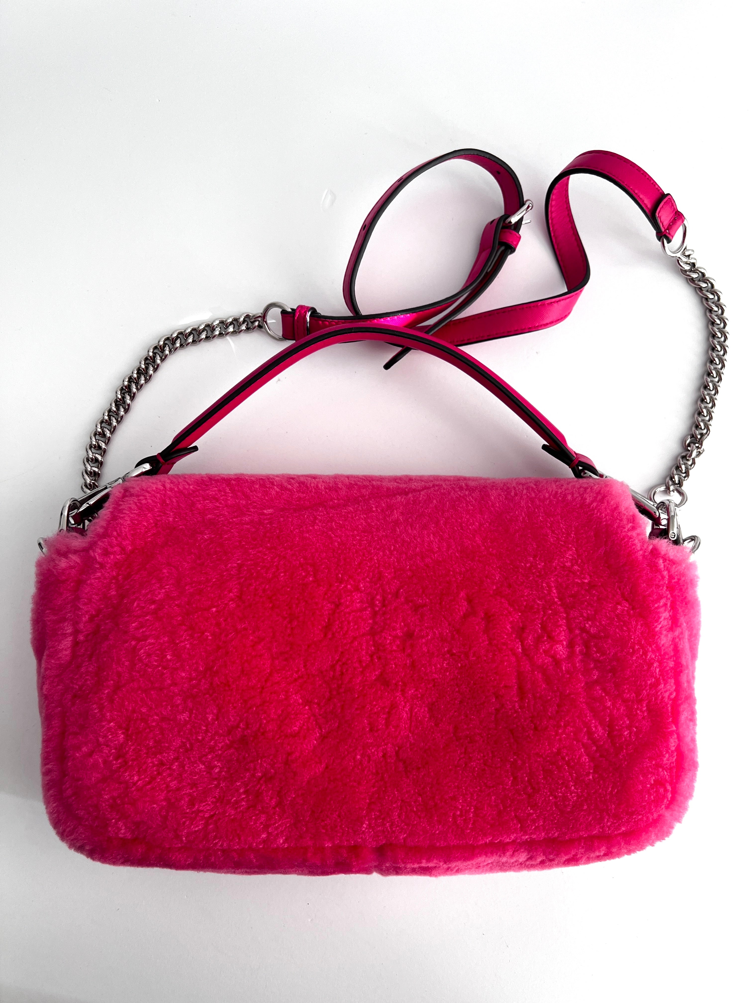 Fendi Raspberry Pink Shearling Baguette Bag - Luxury Designer Shoulder Bag for Women | Perfect for Parties, Date Nights & Everyday Elegance