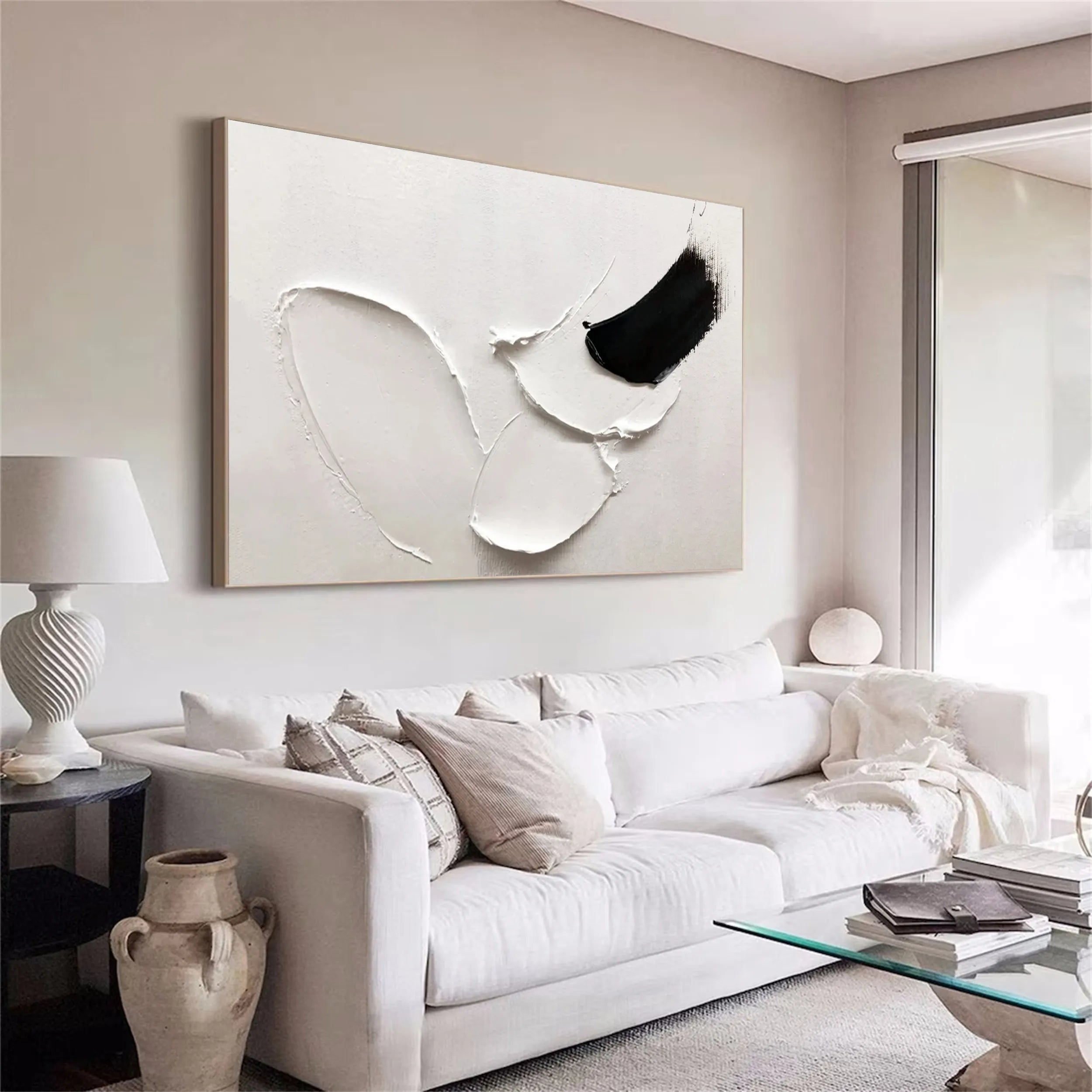 Minimalist Textured Painting Canvas - White & Black Abstract Wall Art #MM209 | Perfect for Modern Home Decor, Office & Living Room